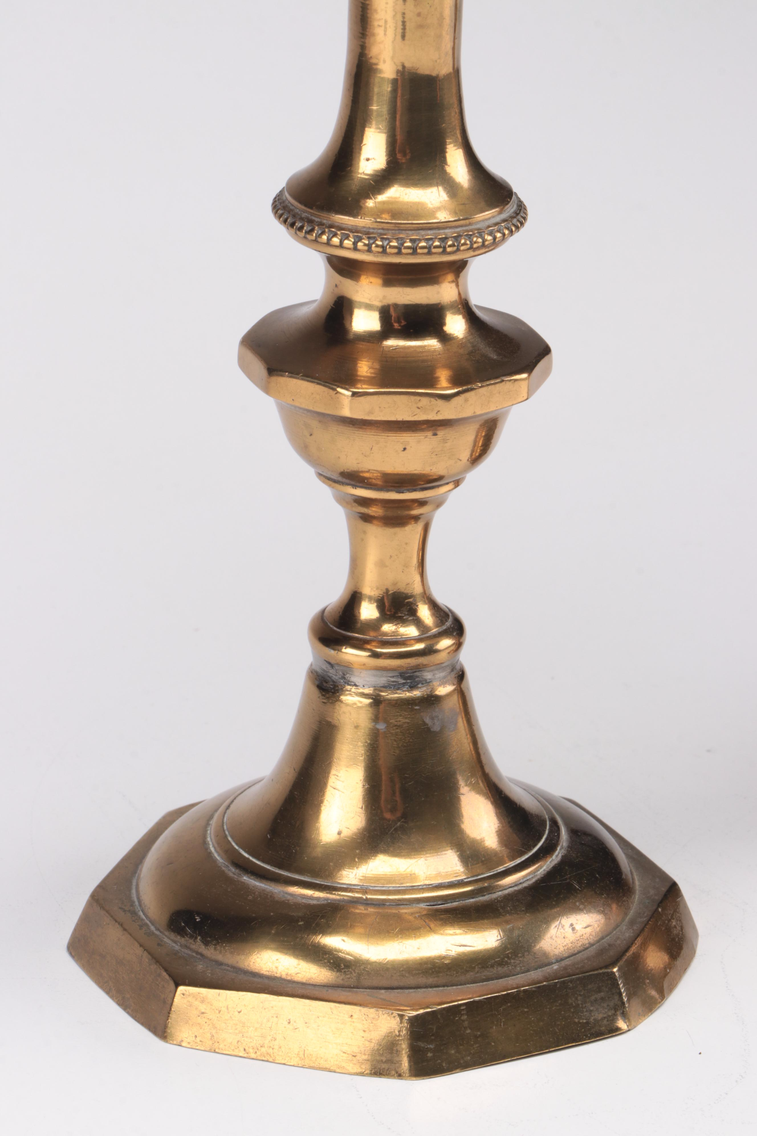 Pair Of English Brass Push-up Candlesticks With Puffy Glass Oil Peg Lamps