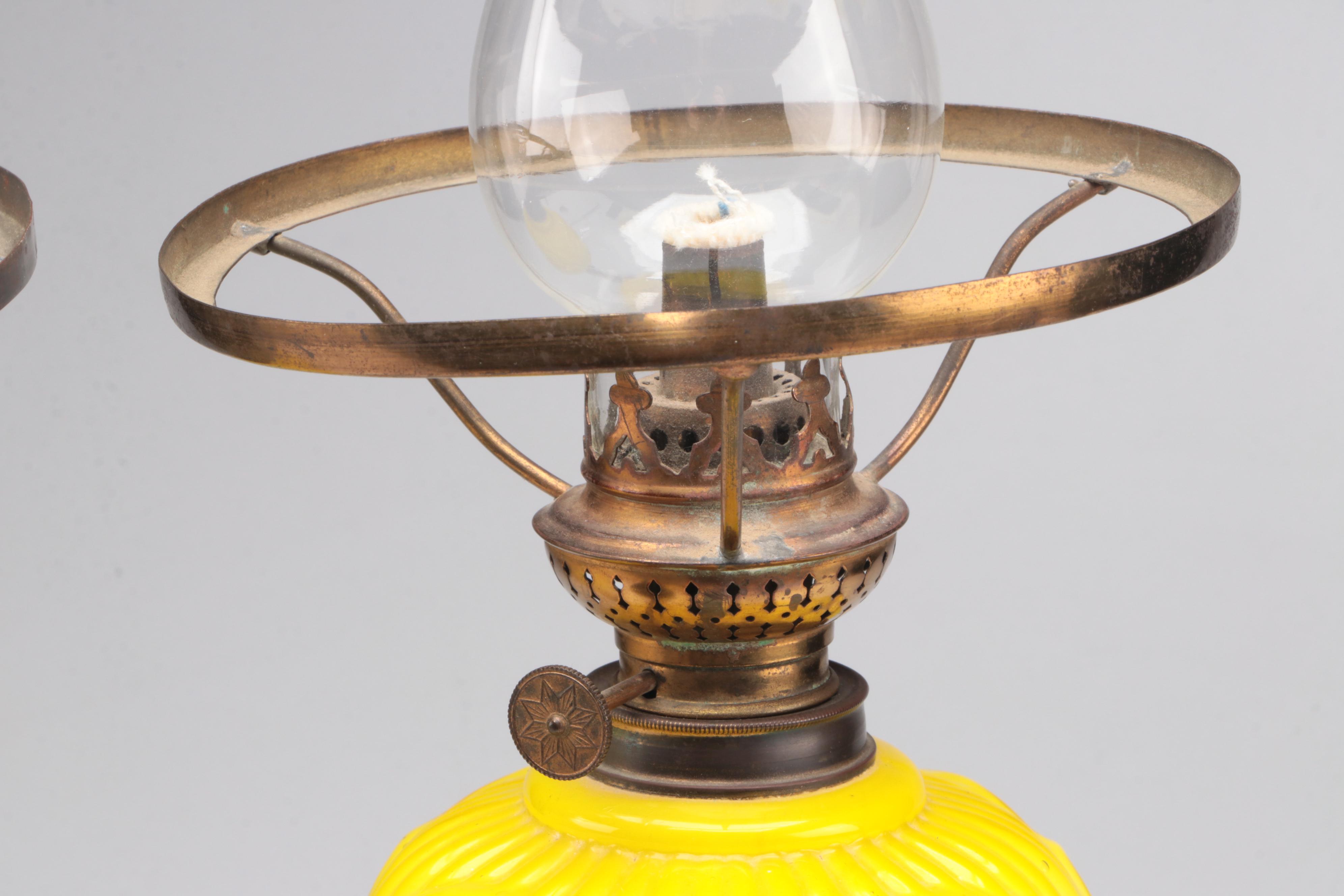 Pair Of English Brass Push-up Candlesticks With Puffy Glass Oil Peg Lamps