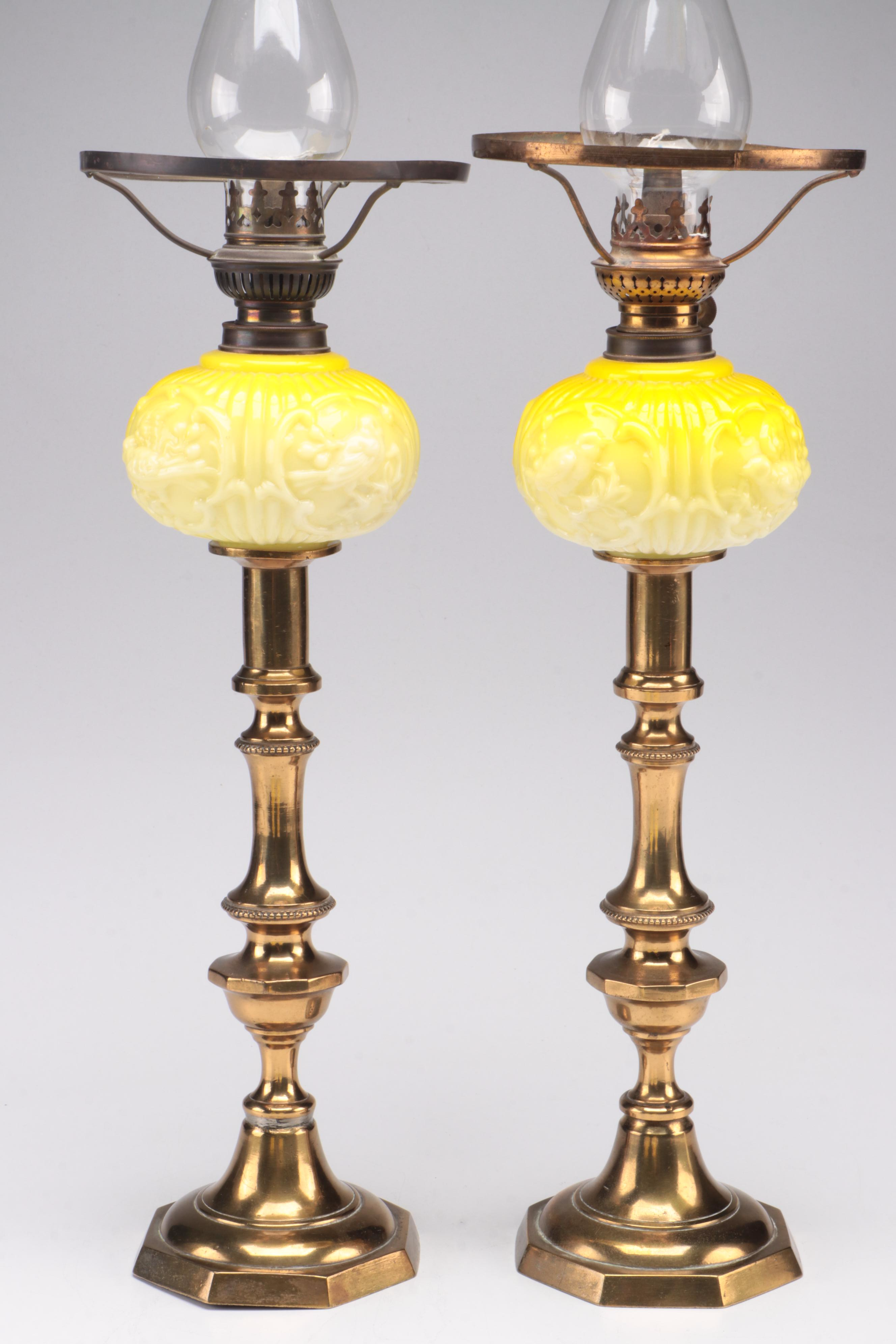 Pair Of English Brass Push-up Candlesticks With Puffy Glass Oil Peg Lamps