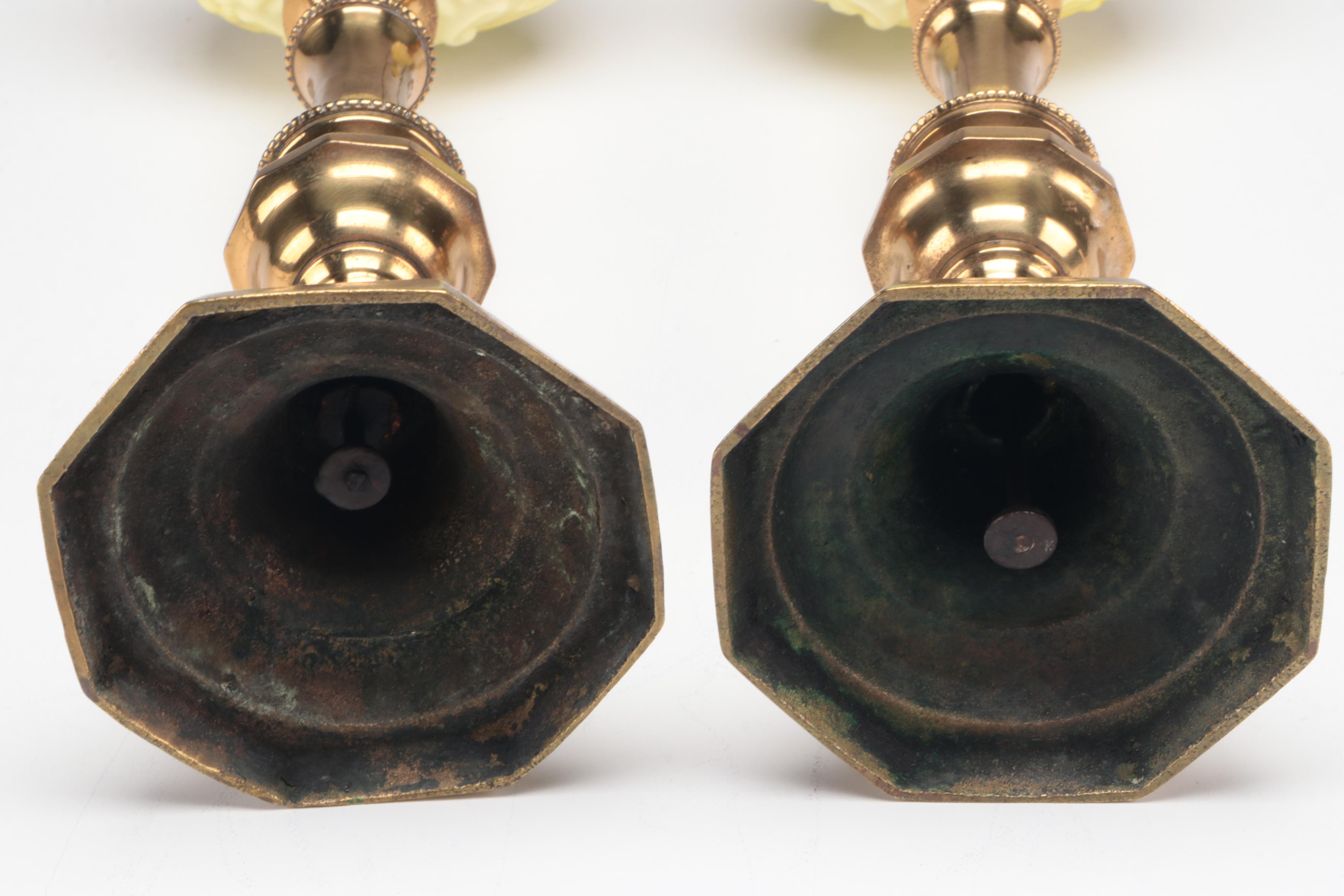 Pair Of English Brass Push-up Candlesticks With Puffy Glass Oil Peg Lamps