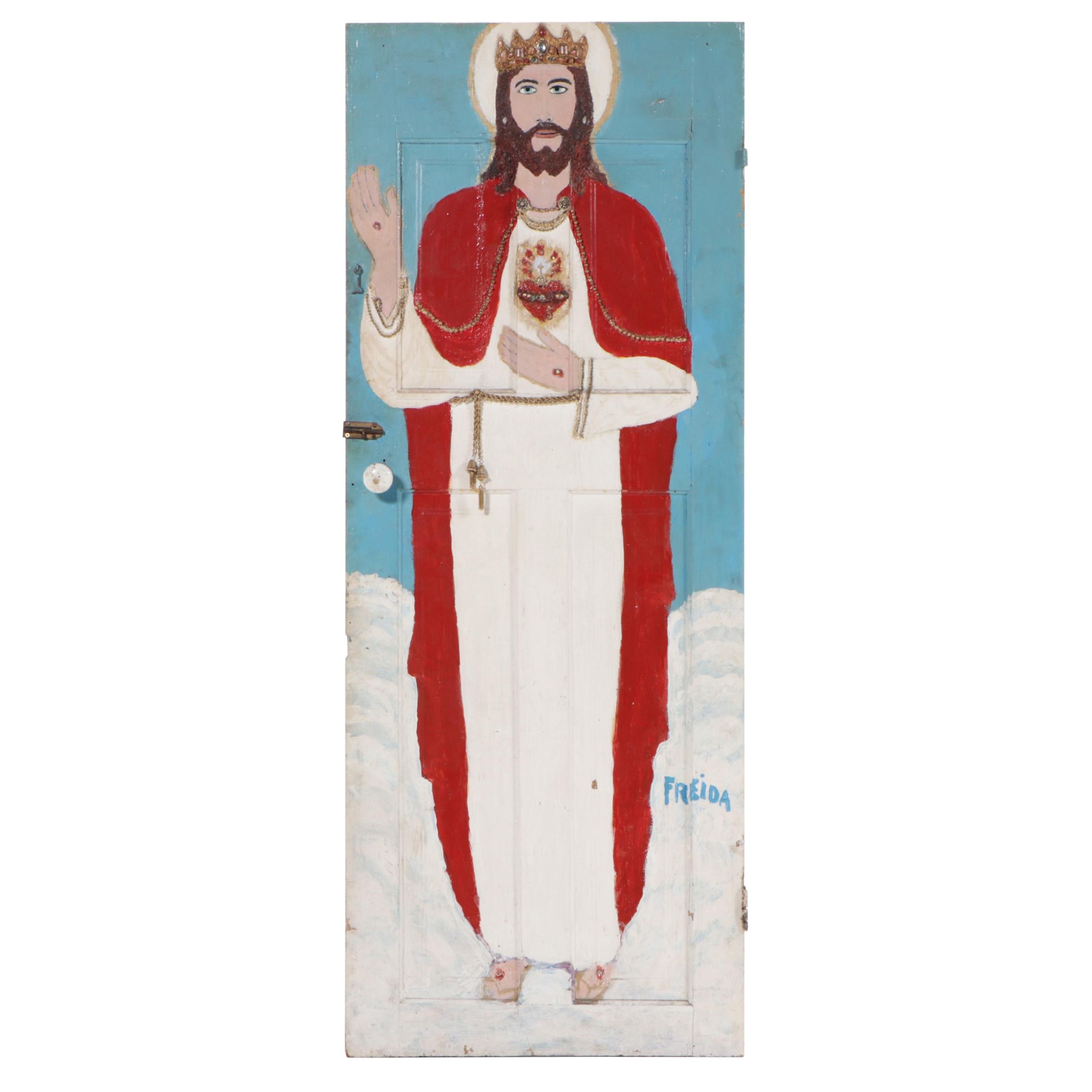 Freida Hoffman "Freind" Mixed-Media Painting of Jesus on Wooden Door