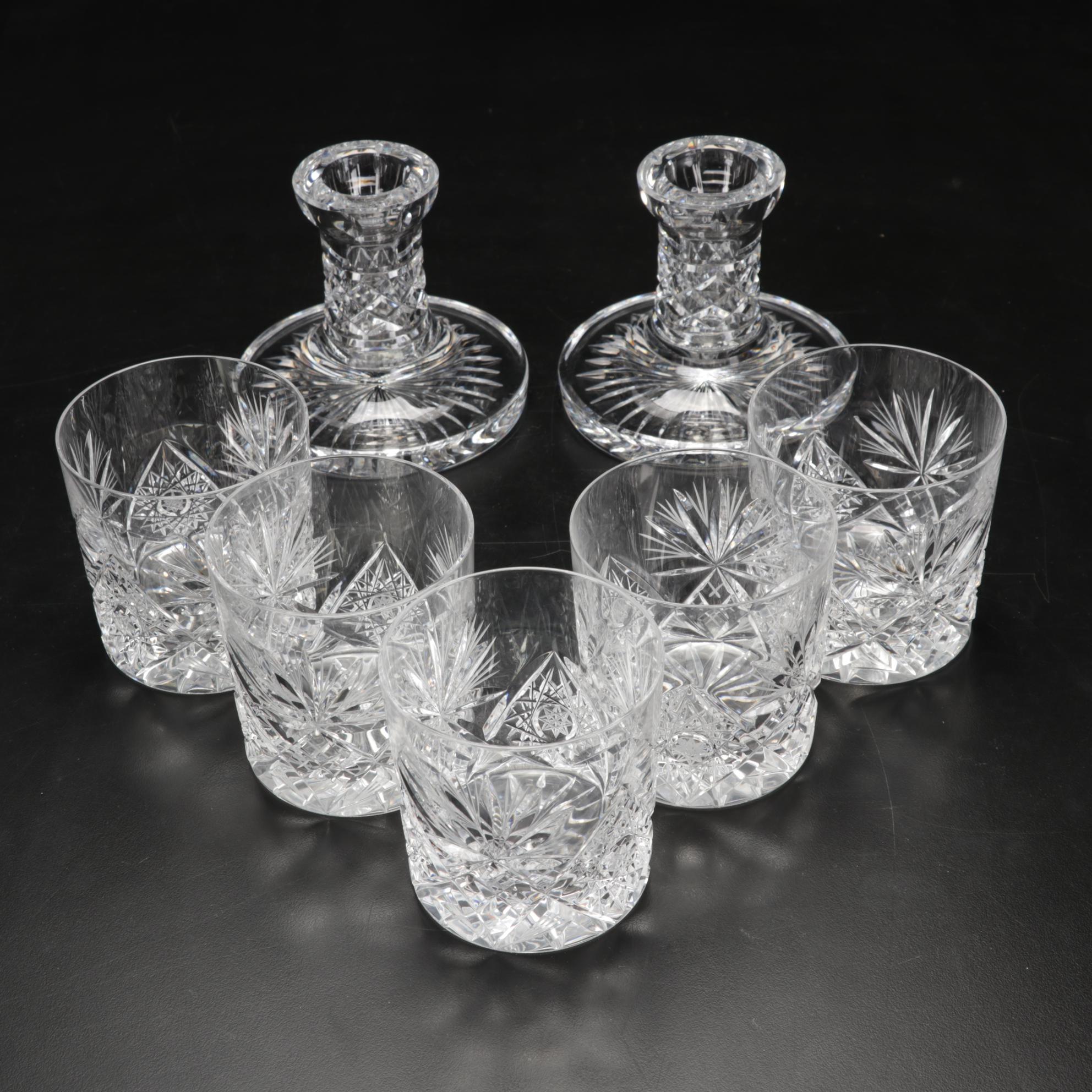 Pair of Waterford Candle Holders with American Brilliant Style Glasses