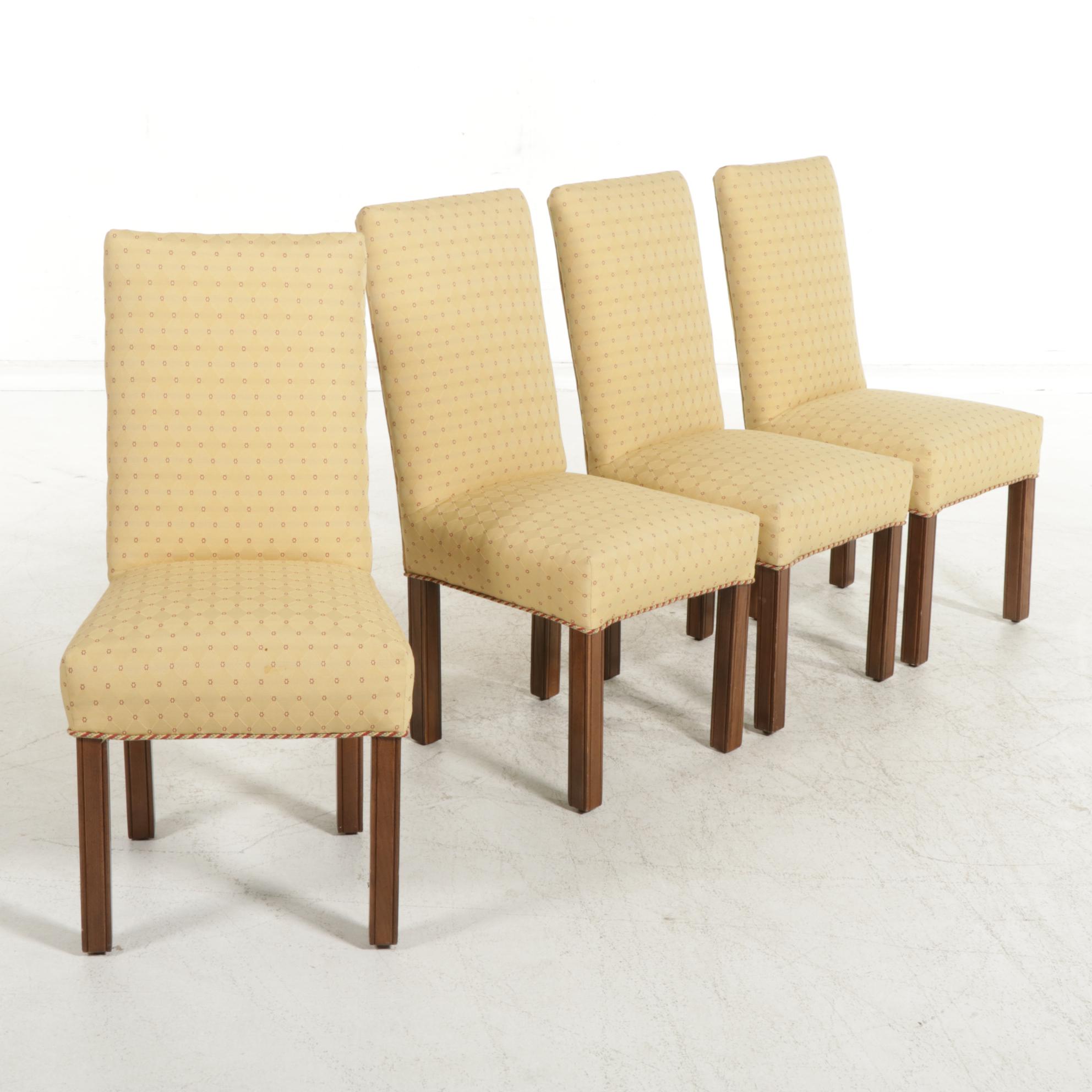 Four Custom-Upholstered and Mahogany-Stained Dining Chairs