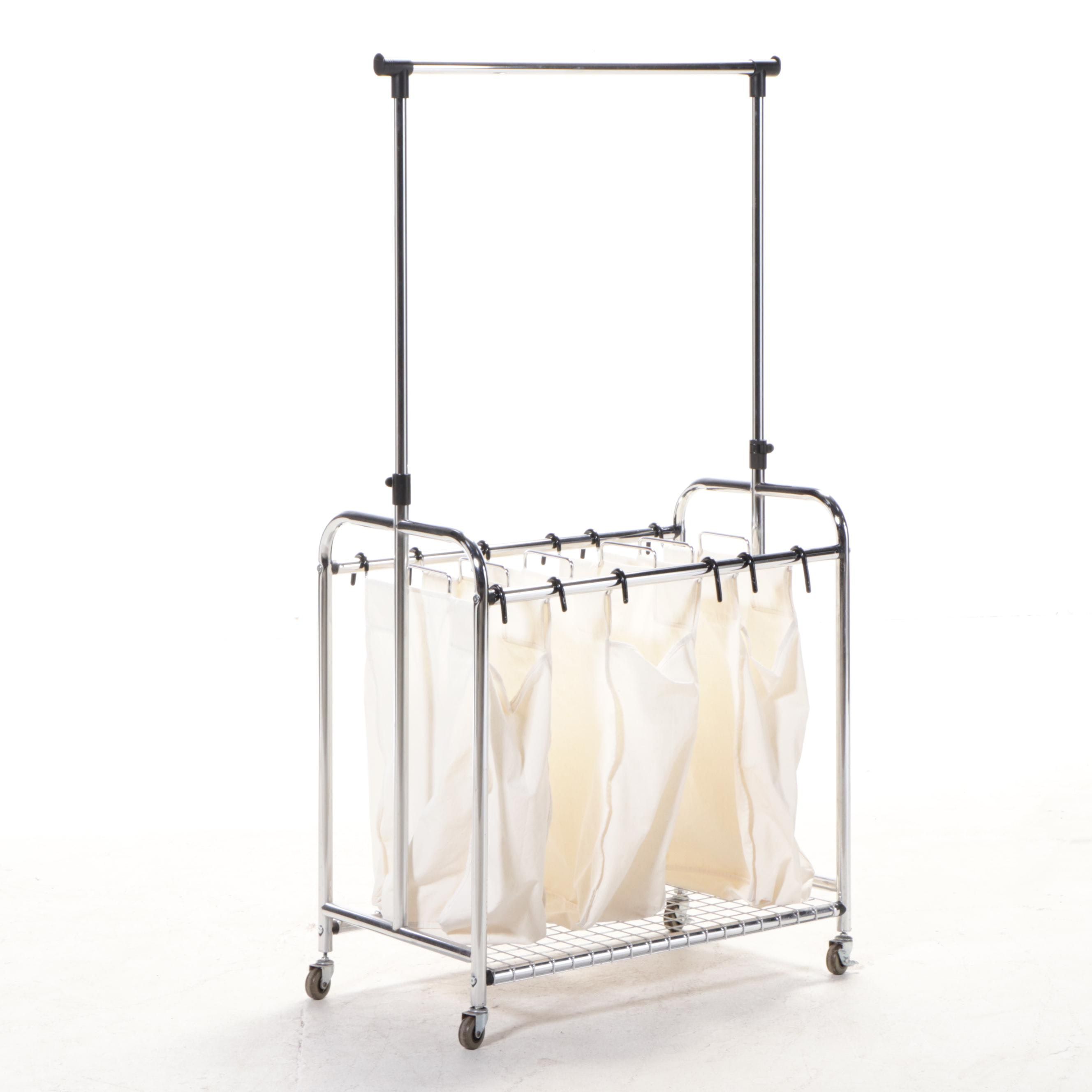 Chrome Laundry Cart with Adjustable-Height Hanging Bar andThree Bags