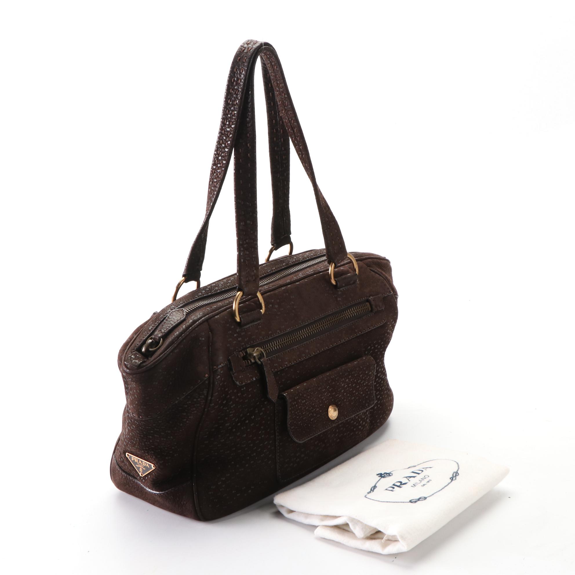 Prada Hand Bag in Brown Textured Calfskin Leather