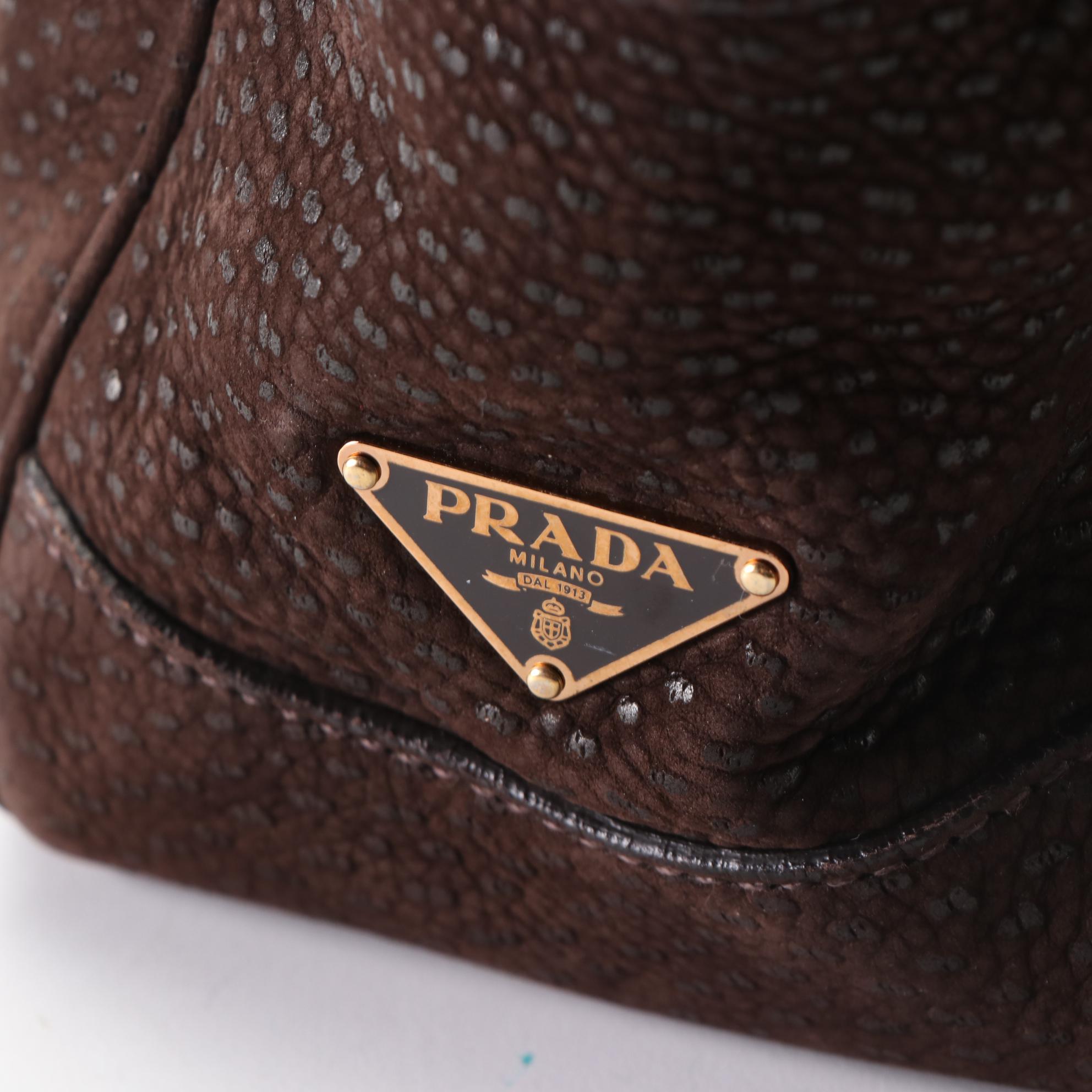 Prada Hand Bag in Brown Textured Calfskin Leather