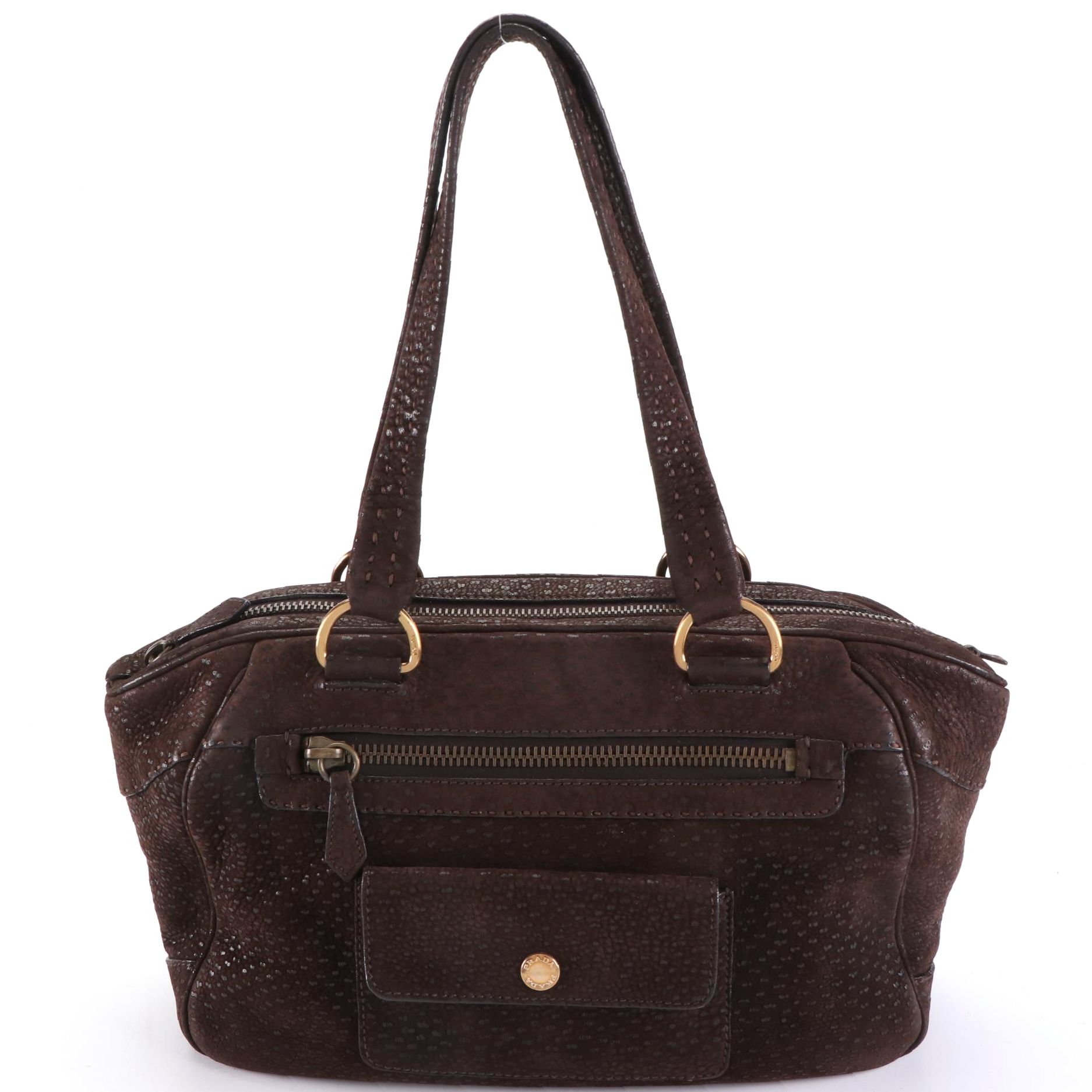 Prada Hand Bag in Brown Textured Calfskin Leather