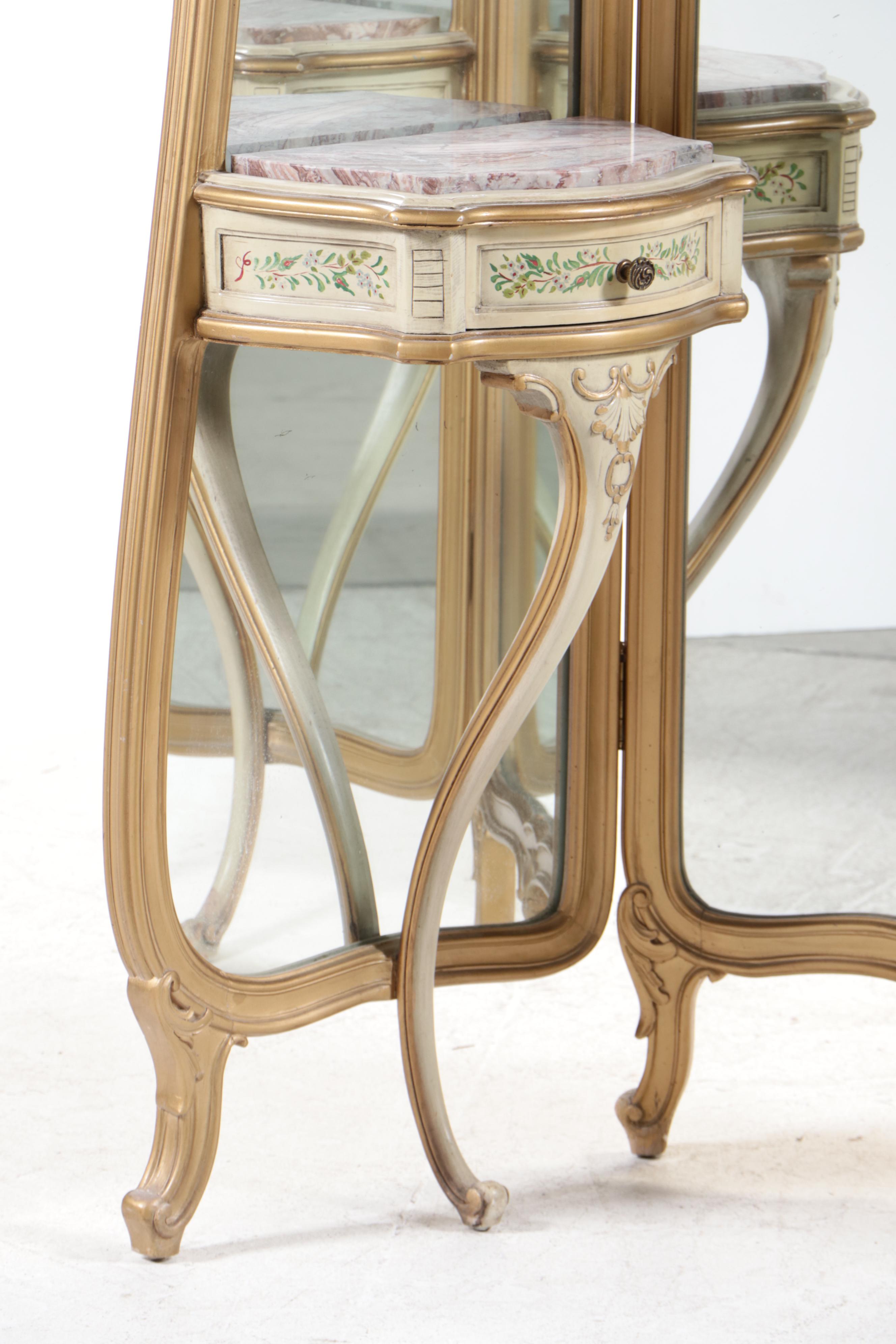 Hollywood Regency Style Dressing Table with Tri-Fold Floor Length Mirrors