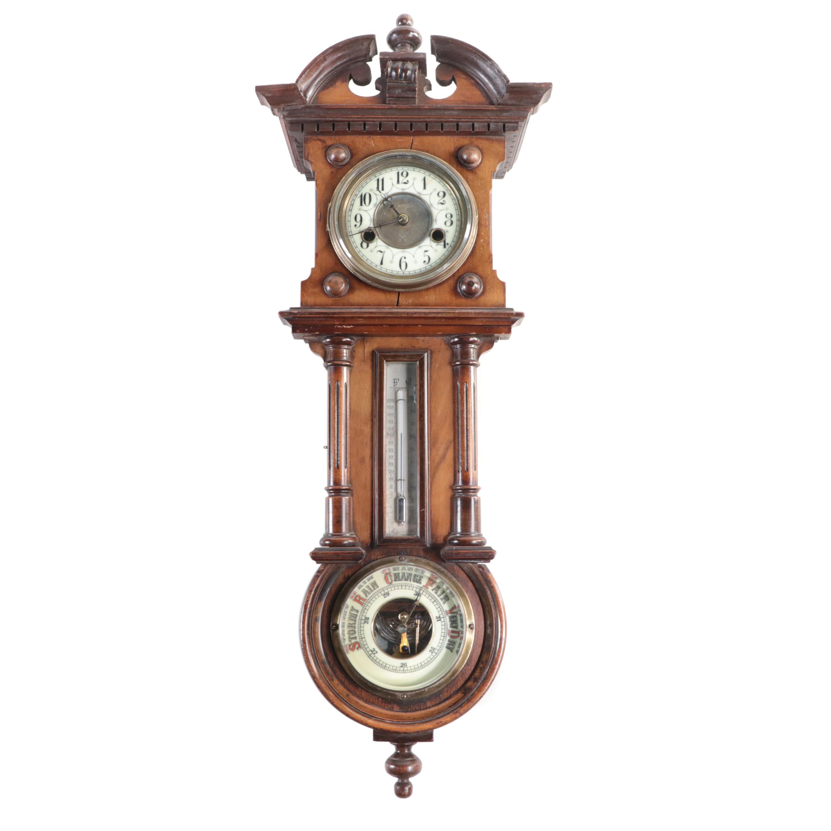 Late Victorian Wood Wall Clock with Thermometer and Barometer