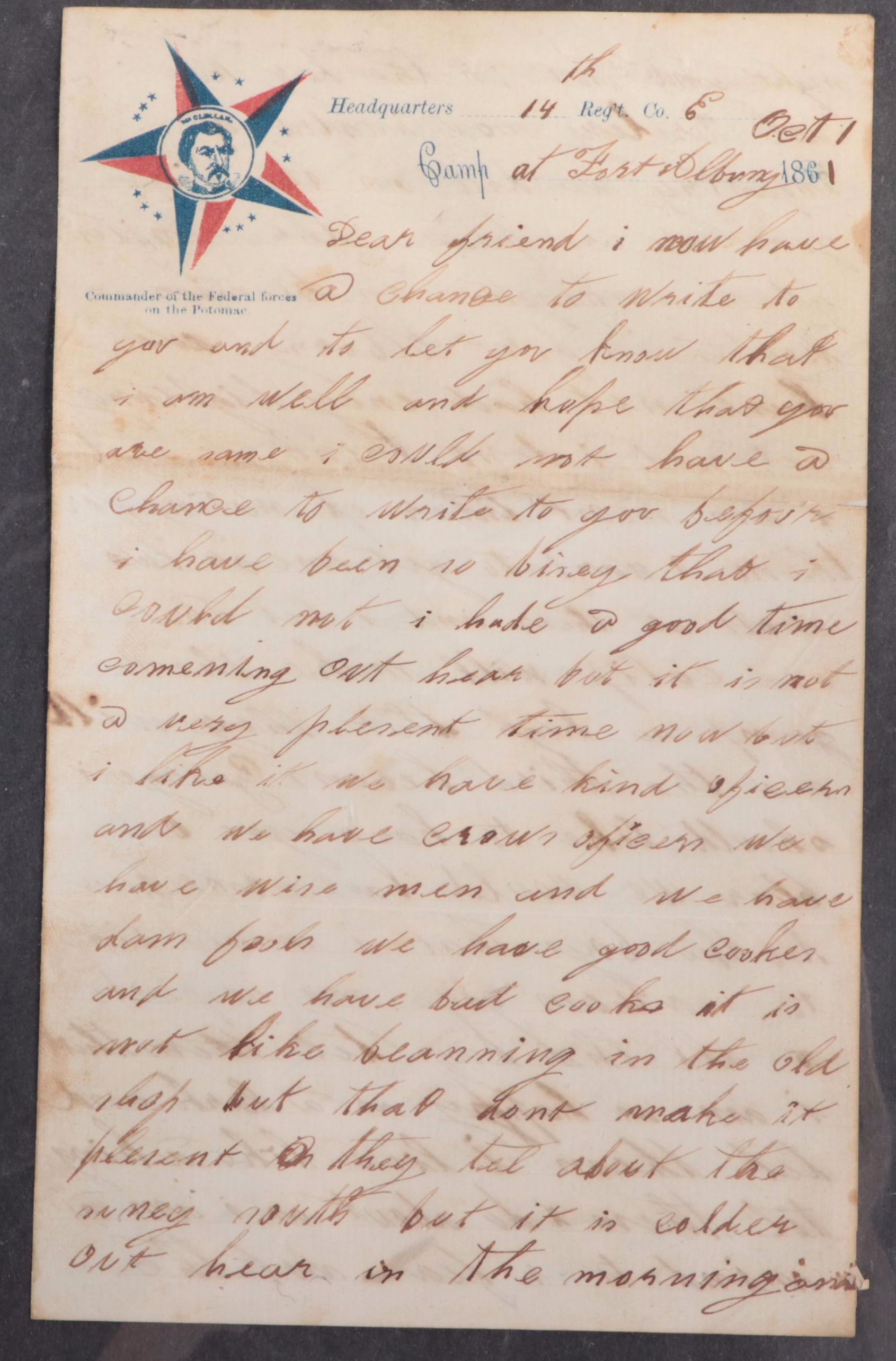 Early Civil War Letter from Union Soldier at Fort Albany in Virginia, 1861