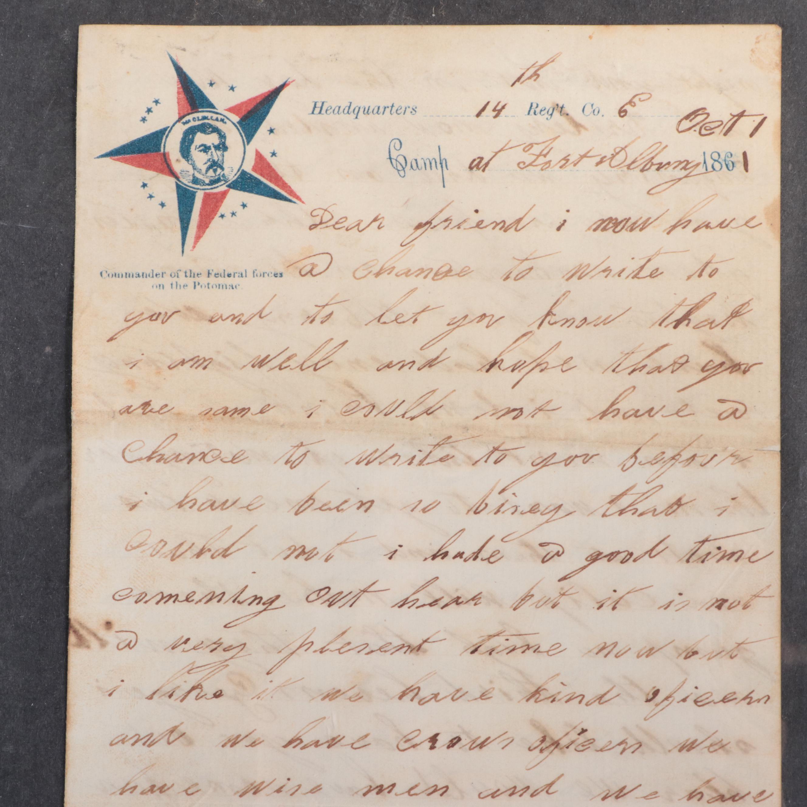 Early Civil War Letter from Union Soldier at Fort Albany in Virginia, 1861