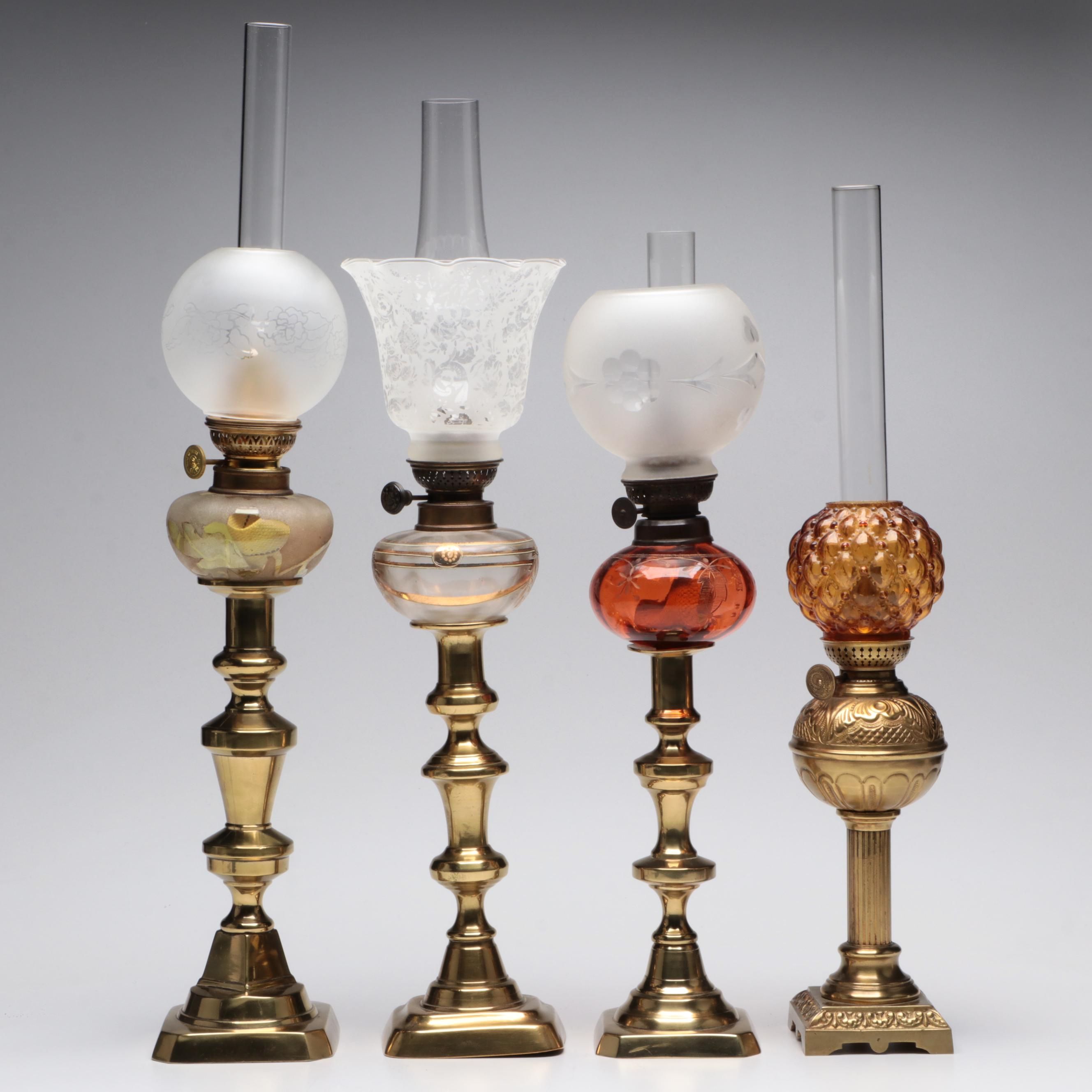 Victorian Brass and Glass Oil Peg Lamps with Banquet Oil Lamp
