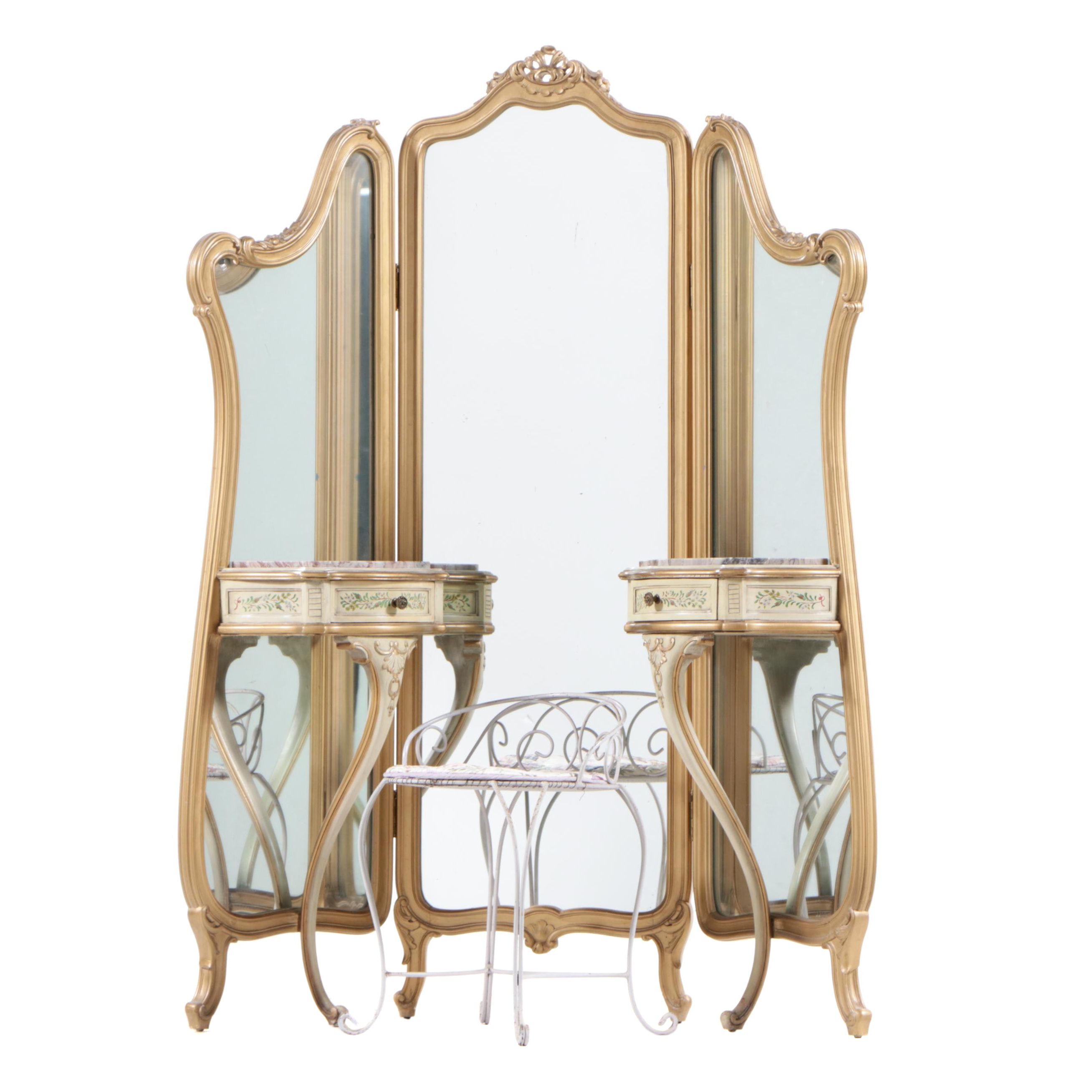 Hollywood Regency Style Dressing Table with Tri-Fold Floor Length Mirrors
