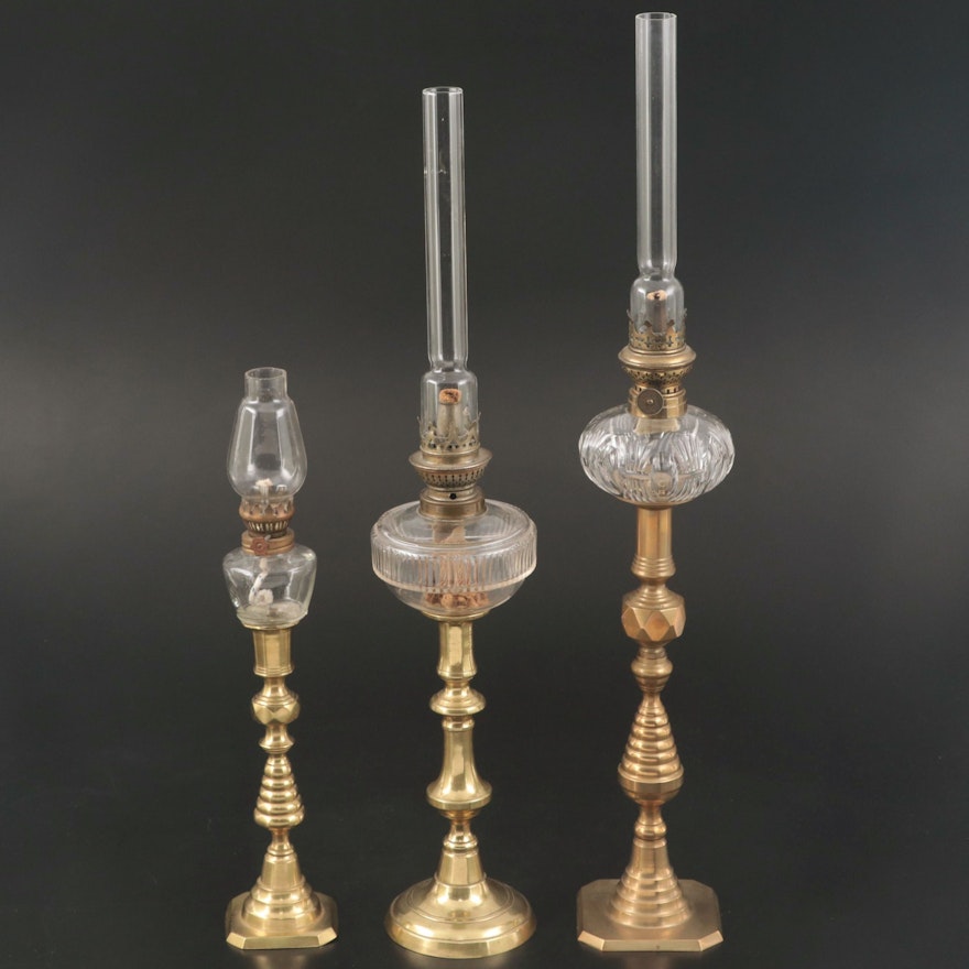 Victorian Brass Beehive Candlestick and Pressed Glass Oil Peg Lamps