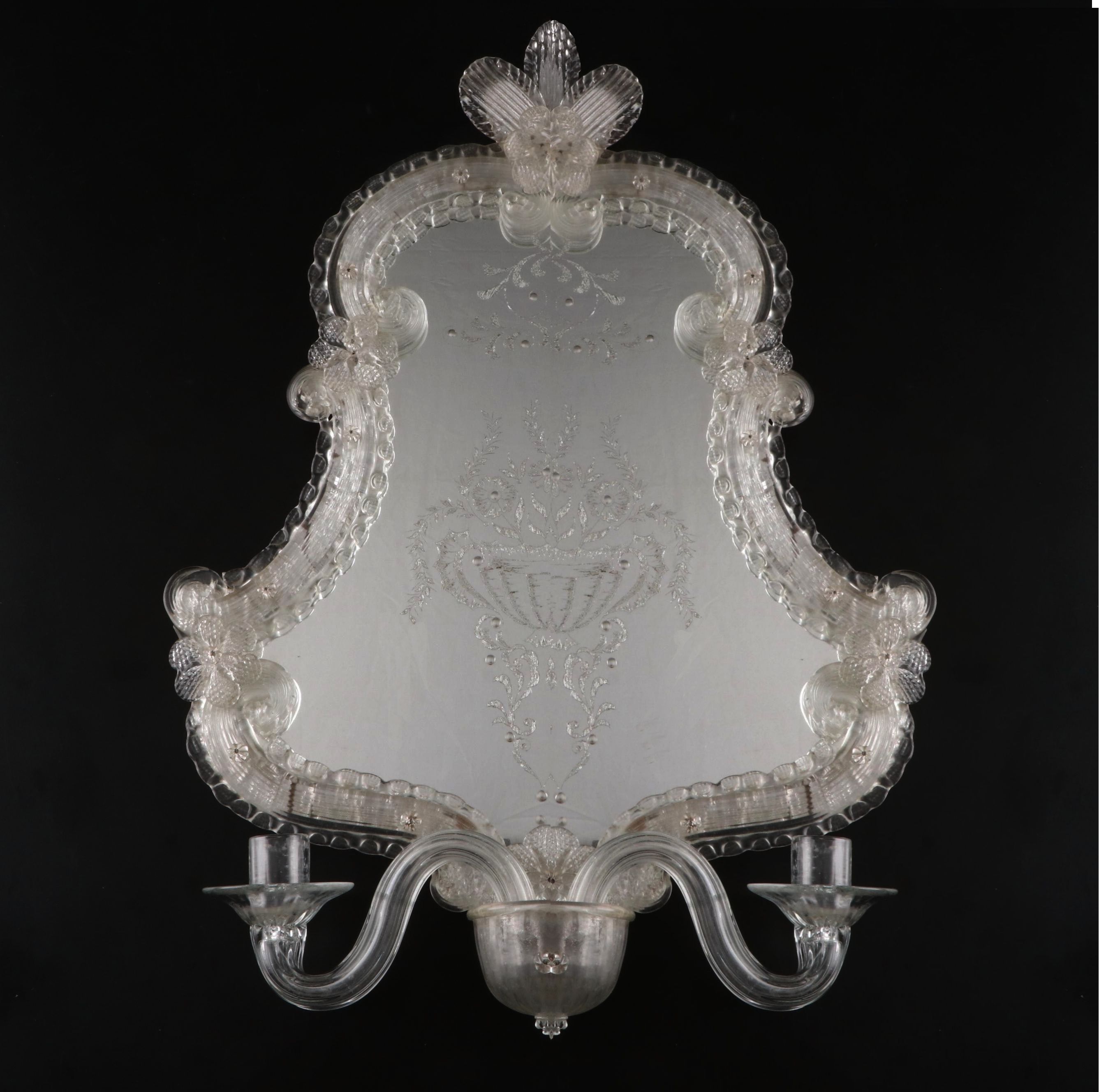 Venetian Etched Glass Wall Mirror with Candlesticks, Late 19th Century