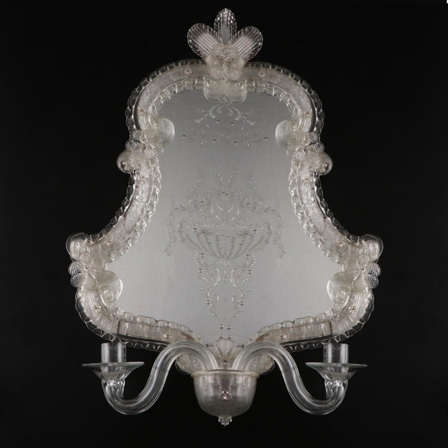 Venetian Etched Glass Wall Mirror with Candlesticks, Late 19th Century