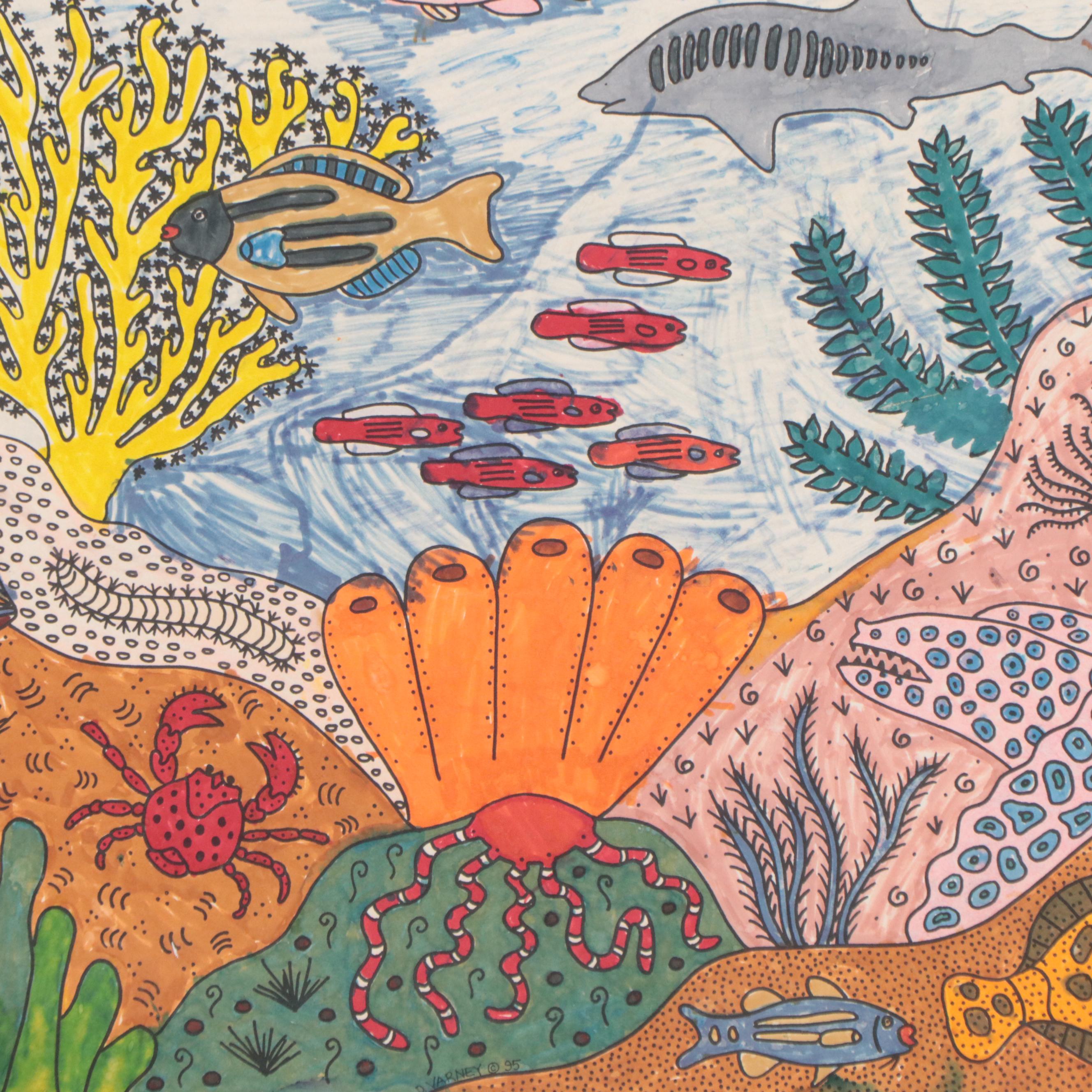 Diane Varney Mixed Media Painting of Underwater Scene, 1995