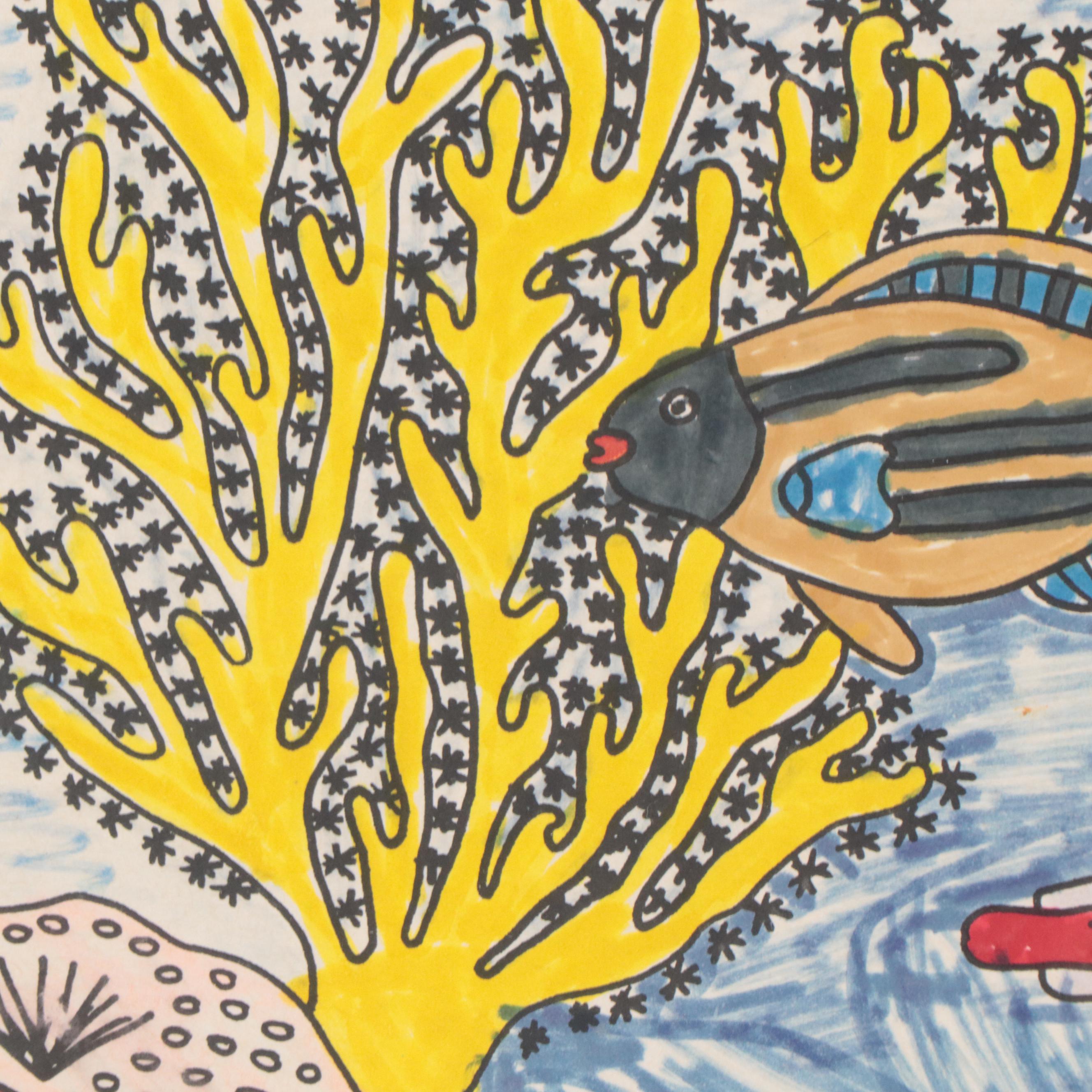 Diane Varney Mixed Media Painting of Underwater Scene, 1995