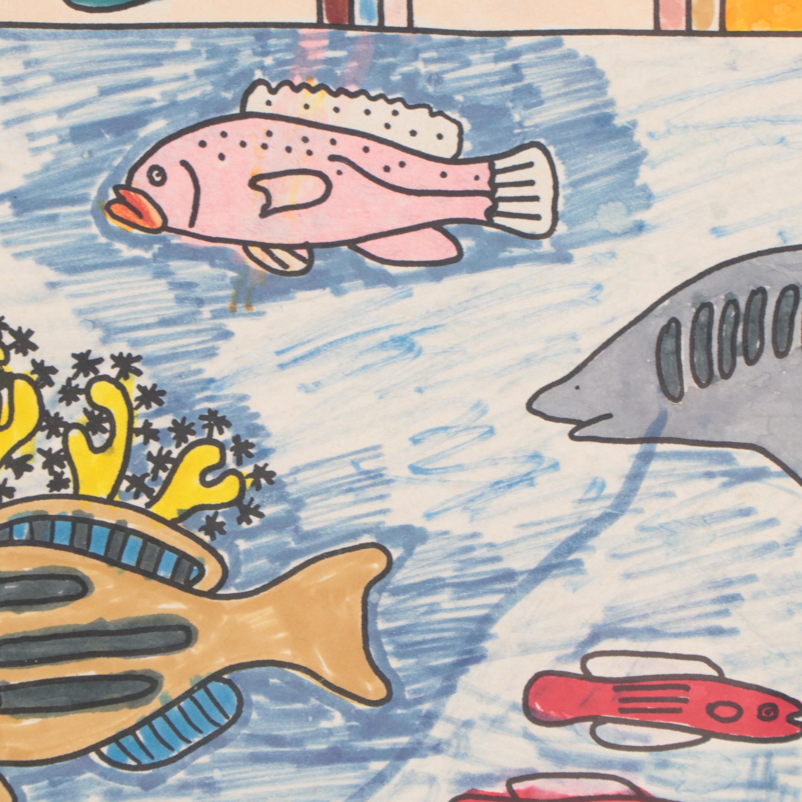 Diane Varney Mixed Media Painting of Underwater Scene, 1995