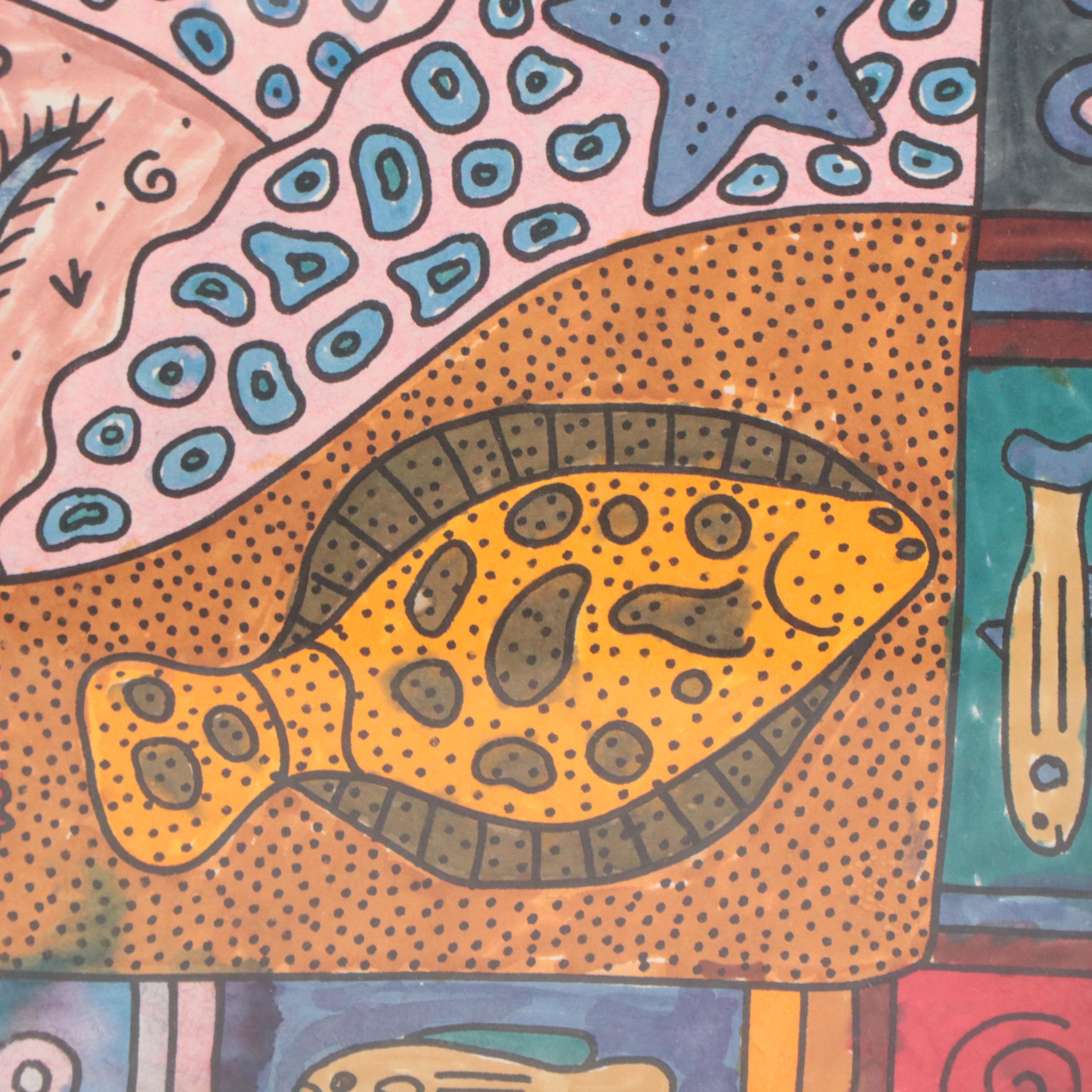 Diane Varney Mixed Media Painting of Underwater Scene, 1995