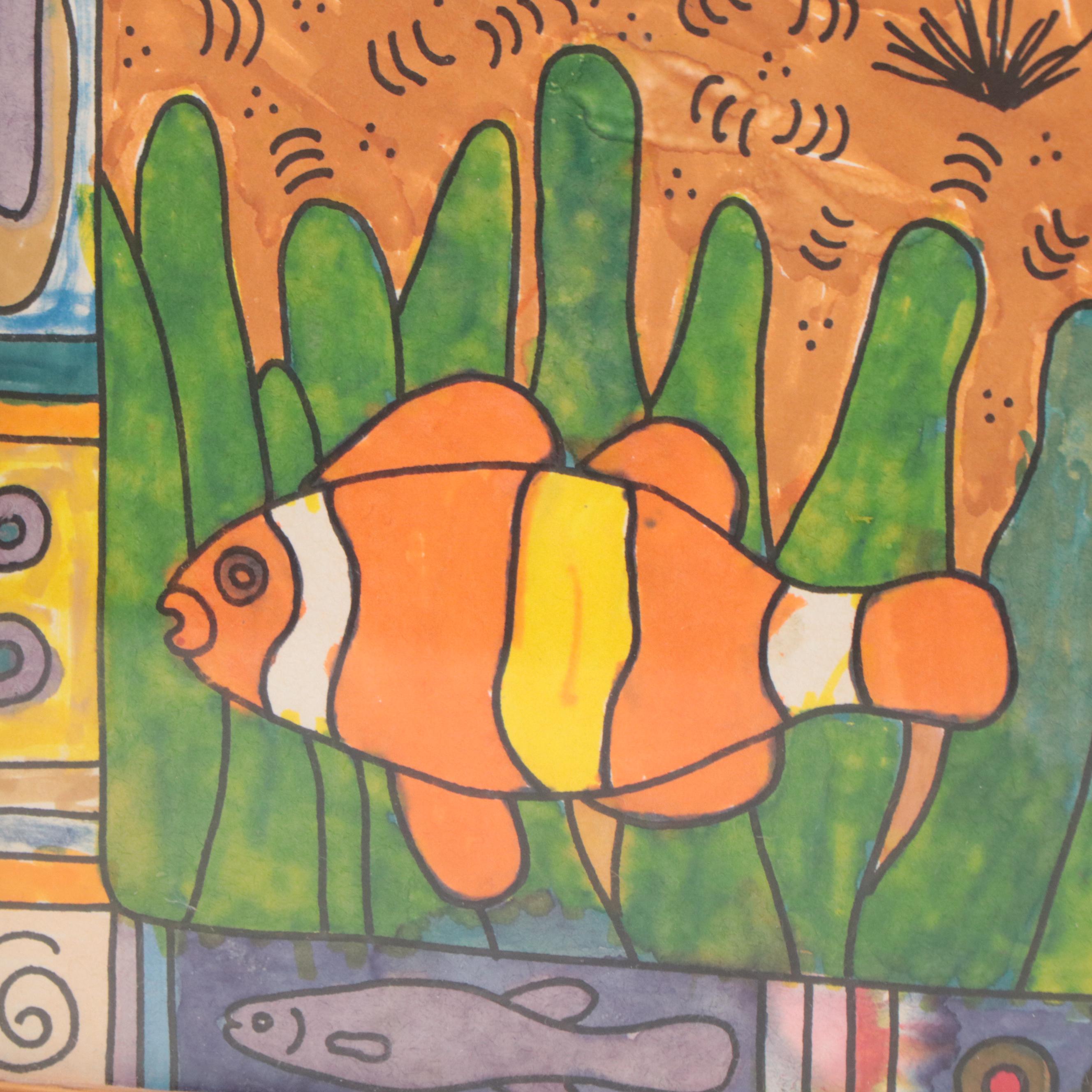 Diane Varney Mixed Media Painting of Underwater Scene, 1995