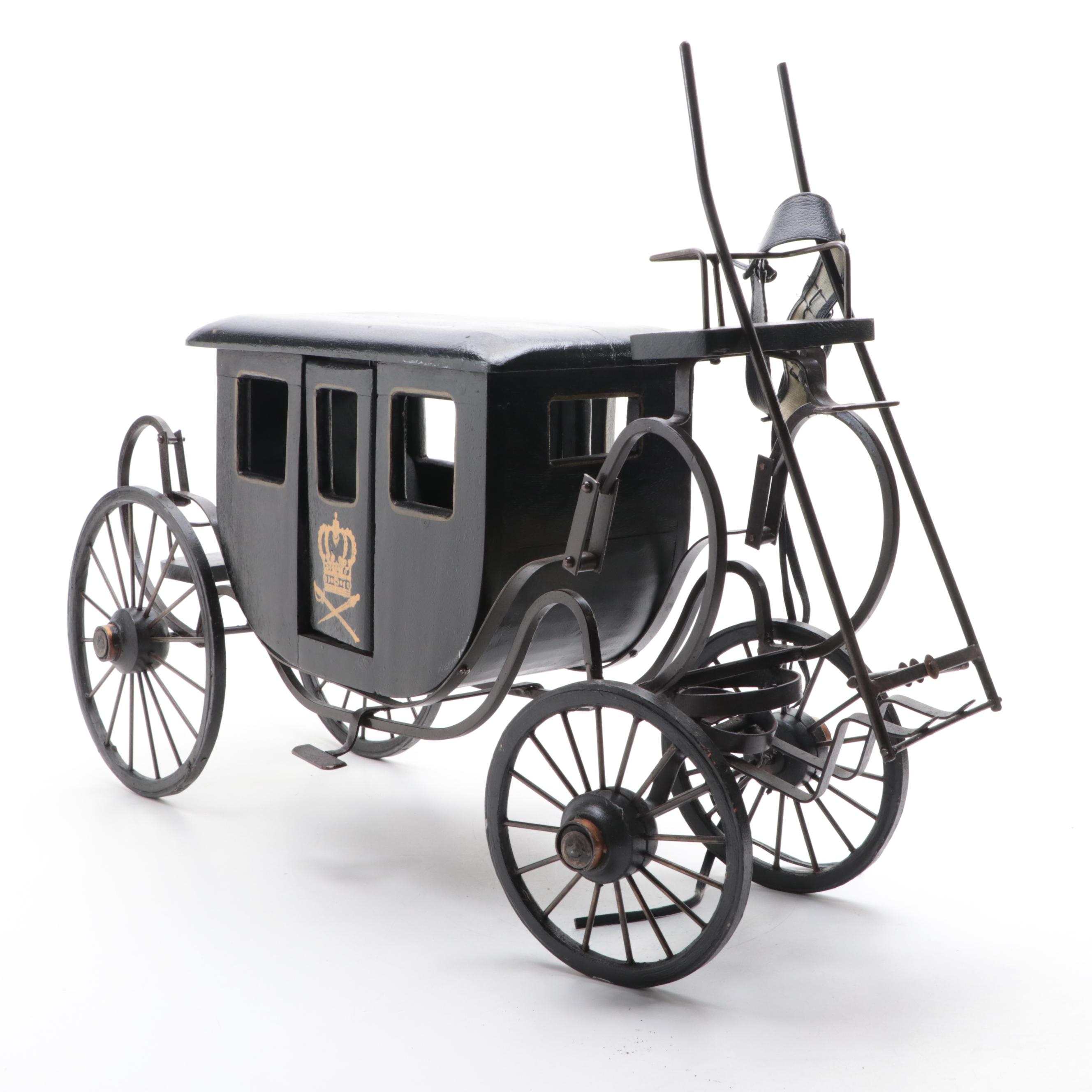 Wood and Metal English Royal Coach Model with Toy Horse Harness