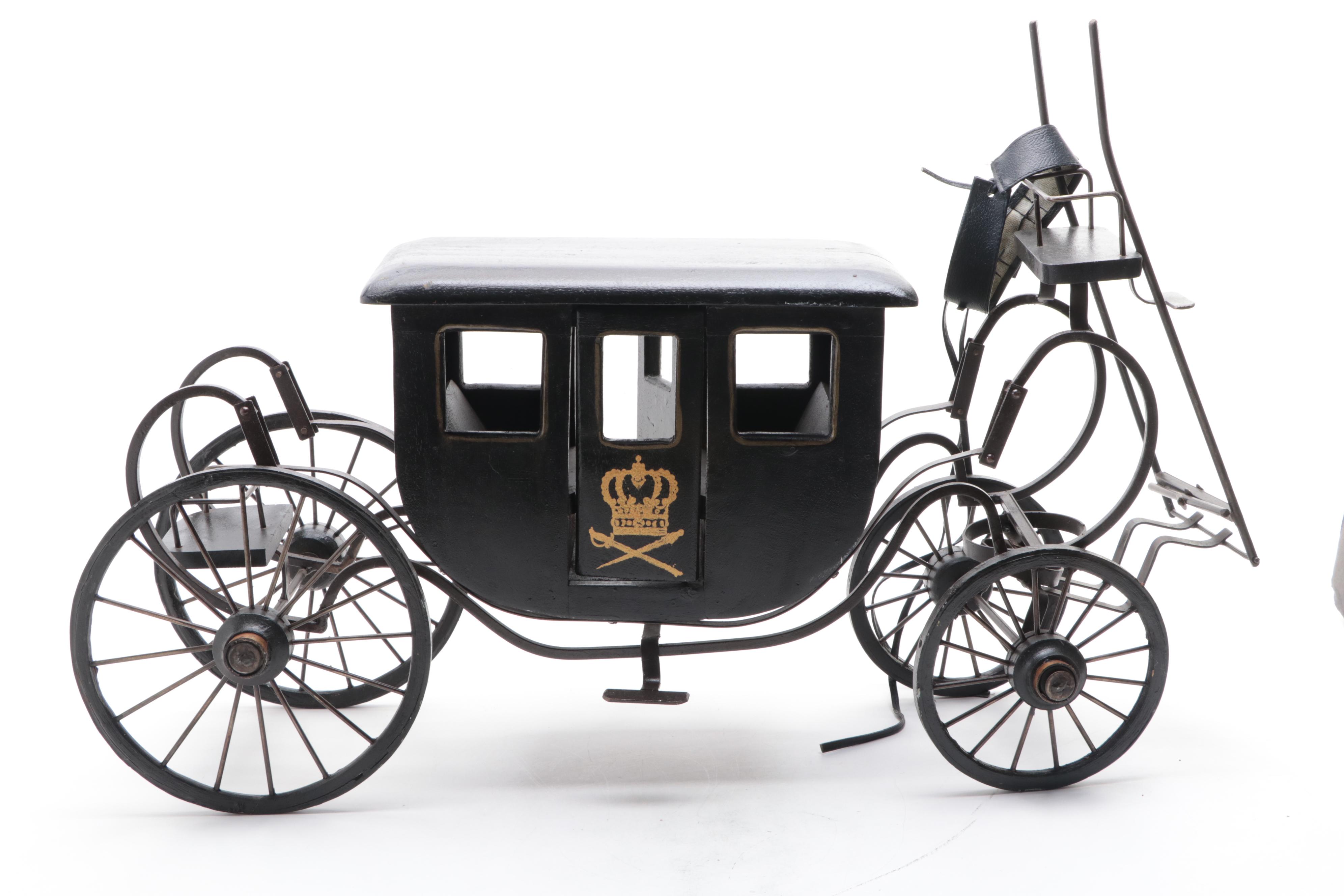 Wood and Metal English Royal Coach Model with Toy Horse Harness