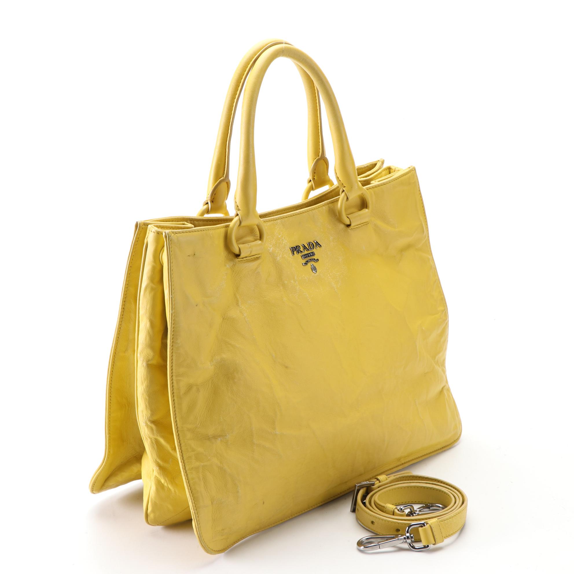 Prada Top Handle Two-Way Accordion Tote in Yellow Vitello Lux Leather