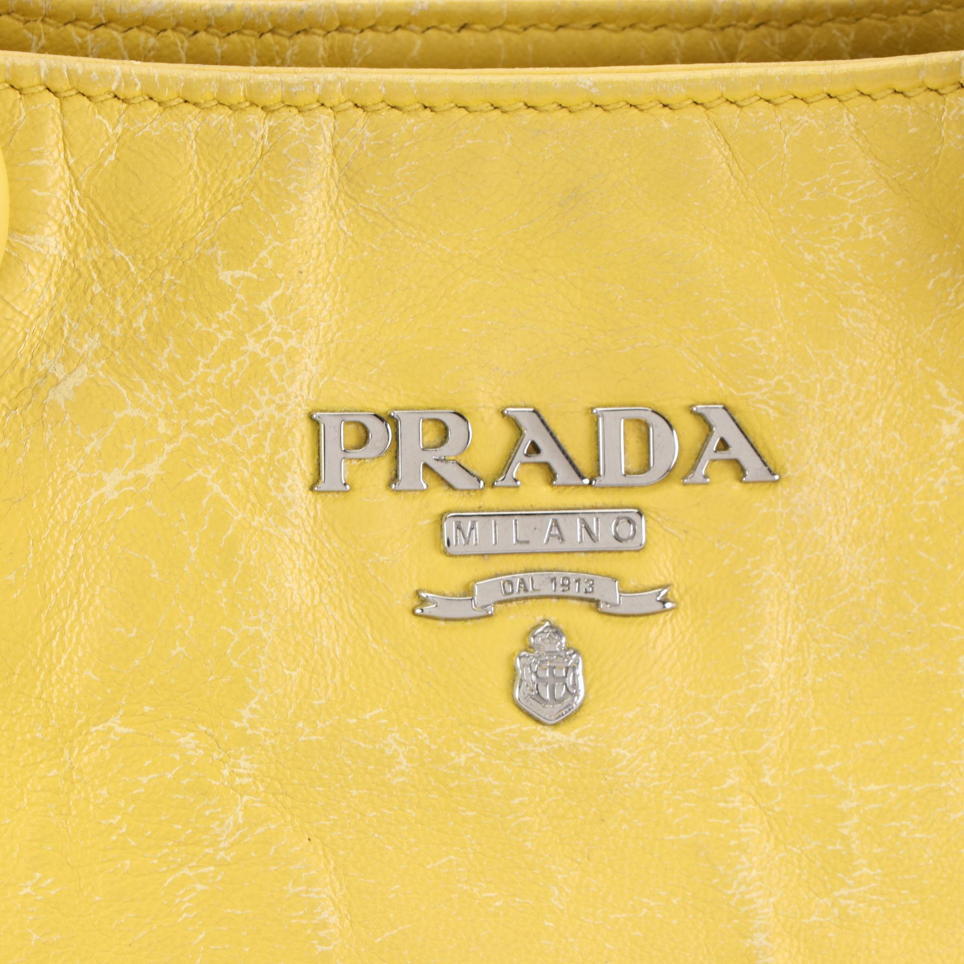 Prada Top Handle Two-Way Accordion Tote in Yellow Vitello Lux Leather