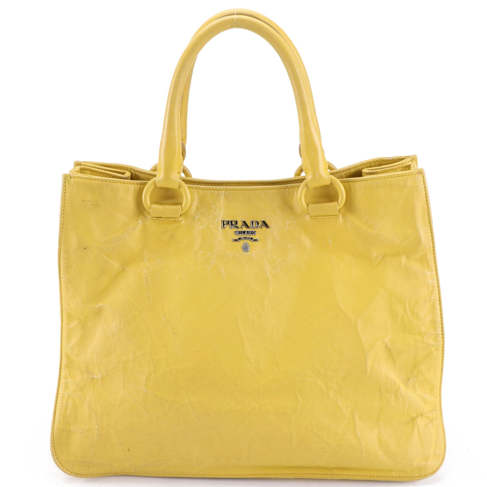 Prada Top Handle Two-Way Accordion Tote in Yellow Vitello Lux Leather