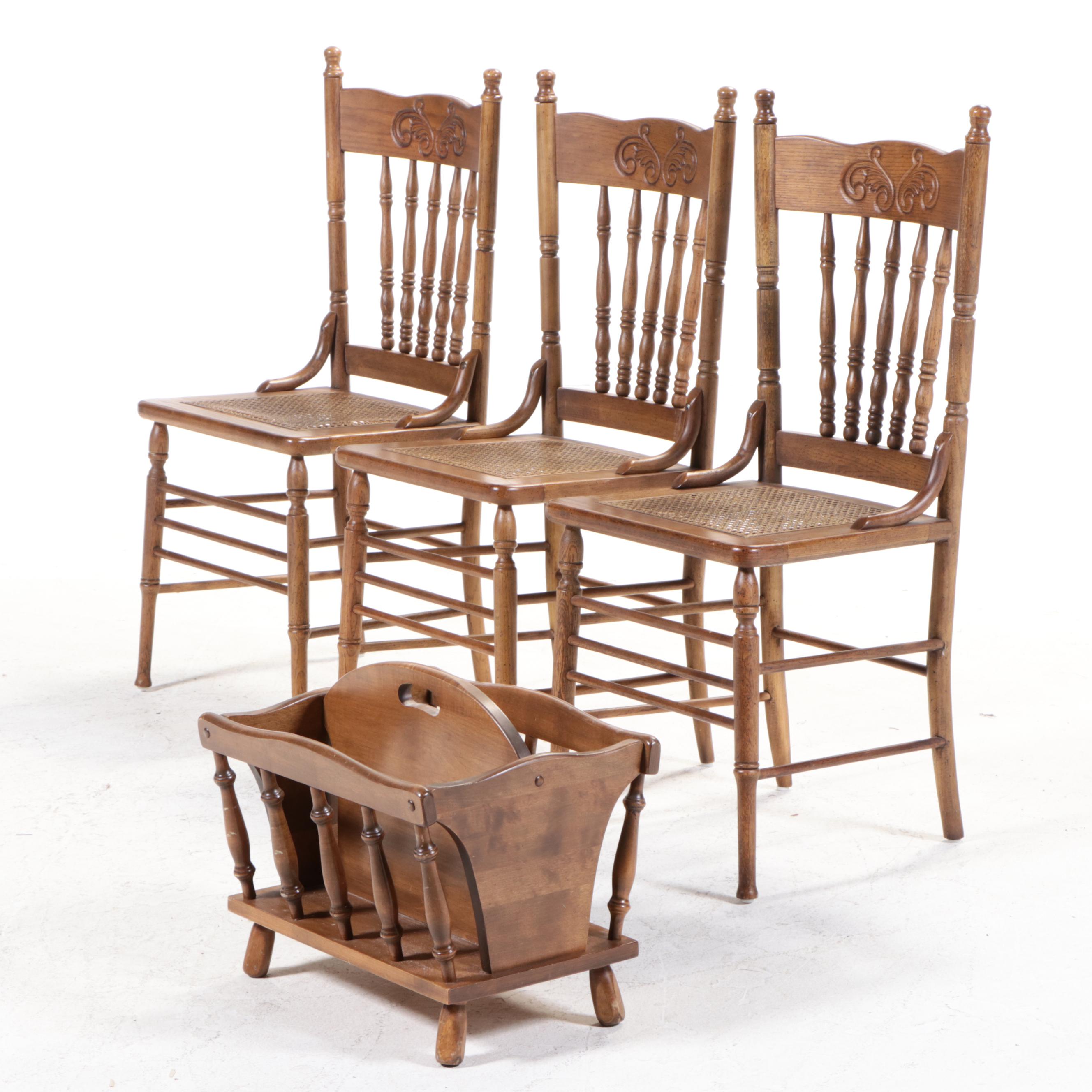 Victorian Style Pressed Oak Cane Bottom Chairs and Magazine Rack EBTH