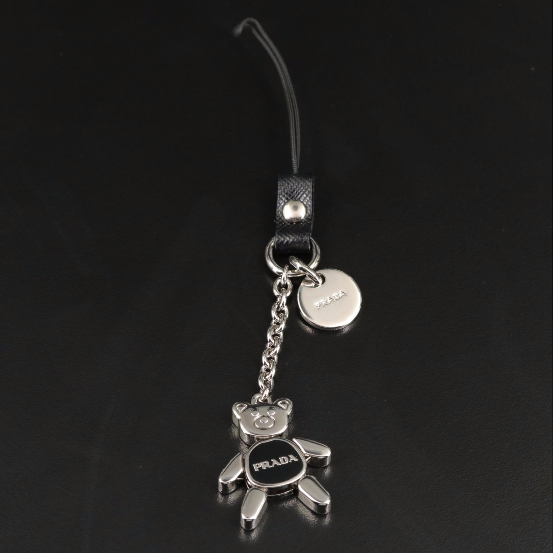Prada Silver Bear Keychain Bag Charm with Black Saffiano and Smooth Leather