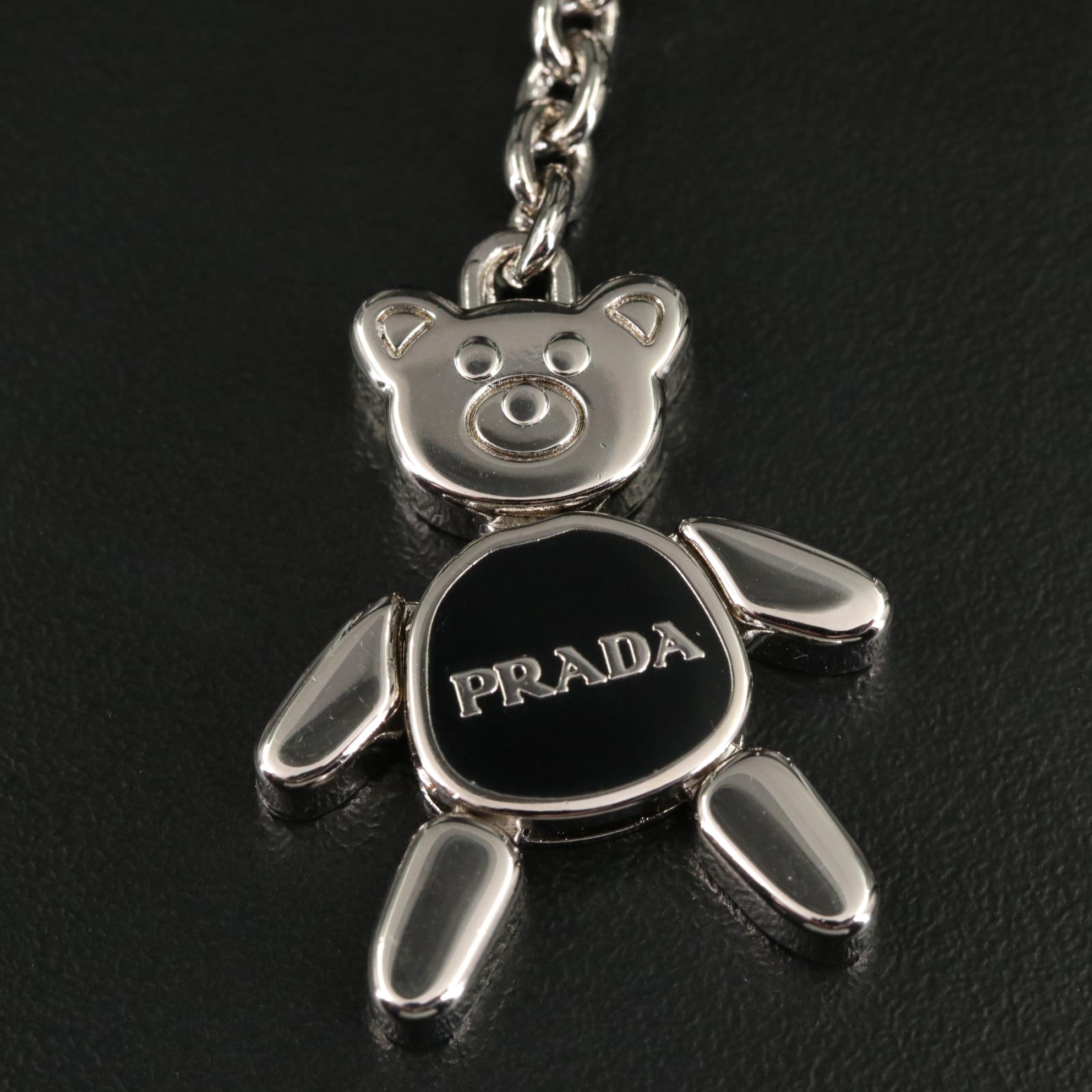 Prada Silver Bear Keychain Bag Charm with Black Saffiano and Smooth Leather