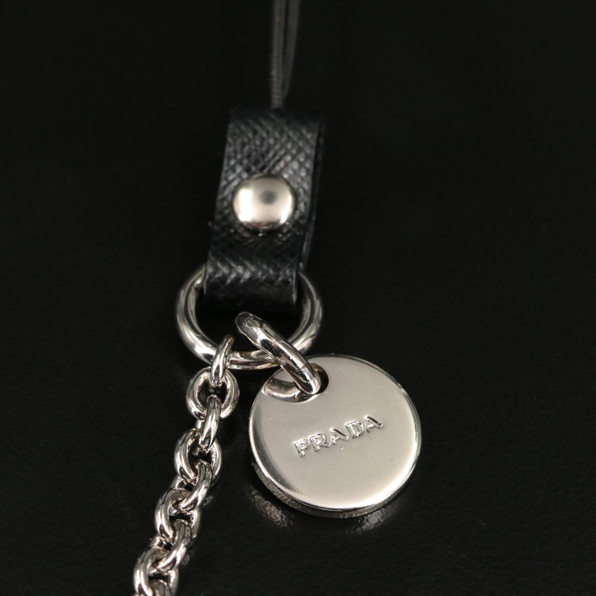 Prada Silver Bear Keychain Bag Charm with Black Saffiano and Smooth Leather