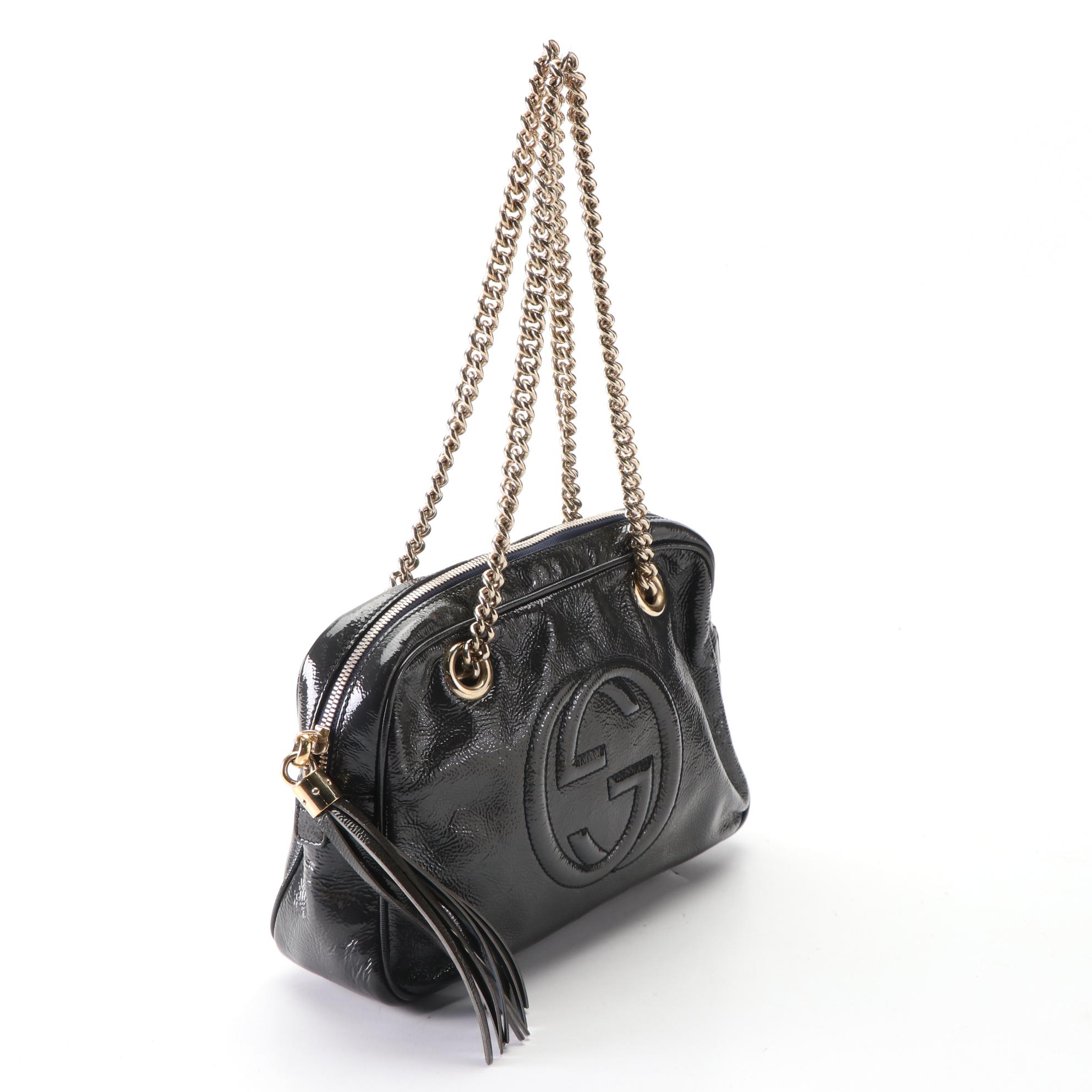 Gucci Soho Chain Strap Shoulder Bag in Navy Patent Leather with Tassel