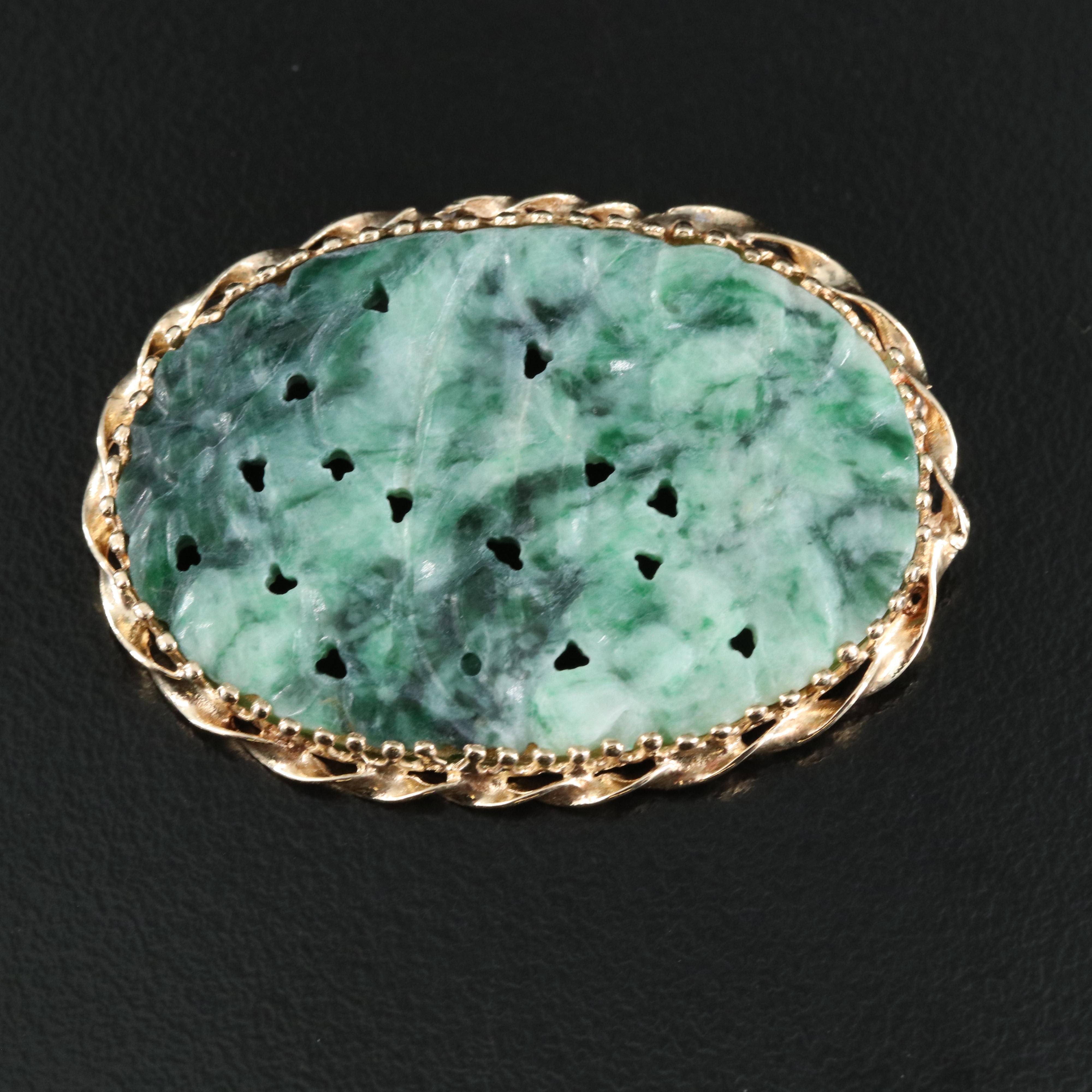14K Carved Jadeite Brooch