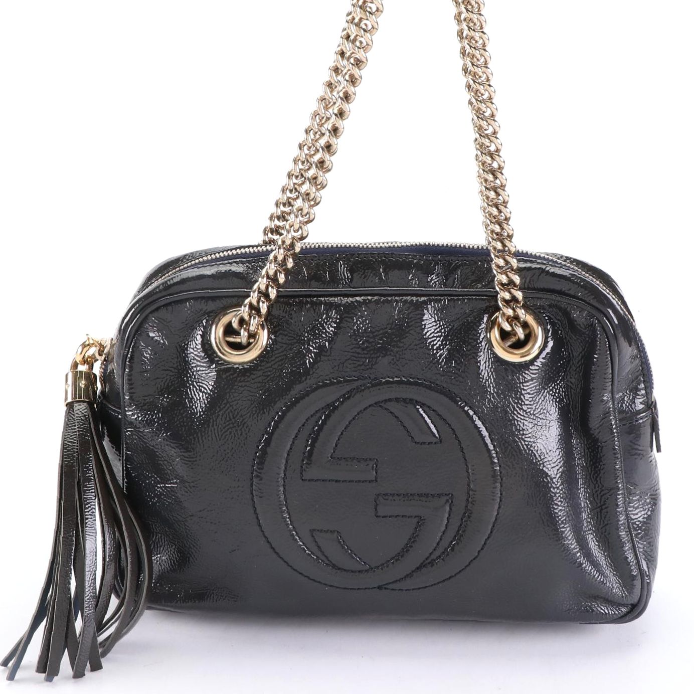 Gucci Soho Chain Strap Shoulder Bag in Navy Patent Leather with Tassel