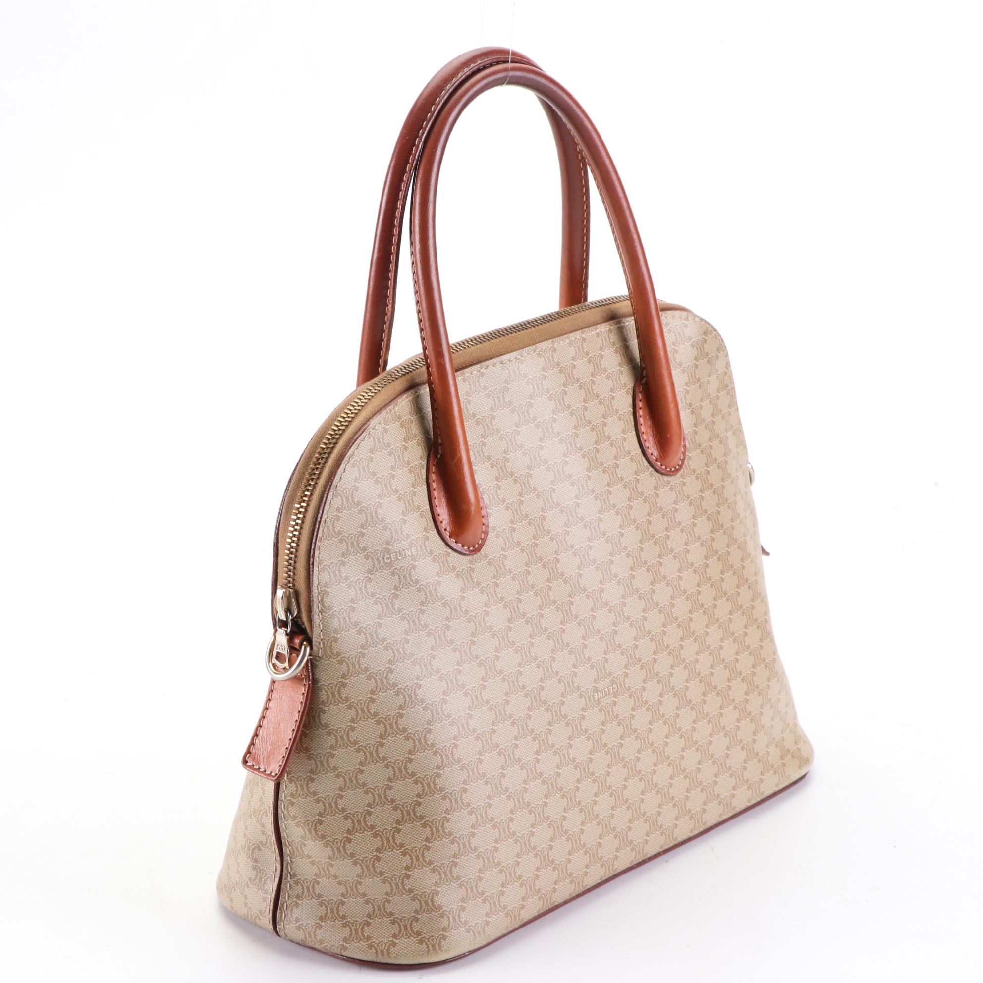 Céline Dome Satchel in Macadam Coated Canvas and Leather Trim