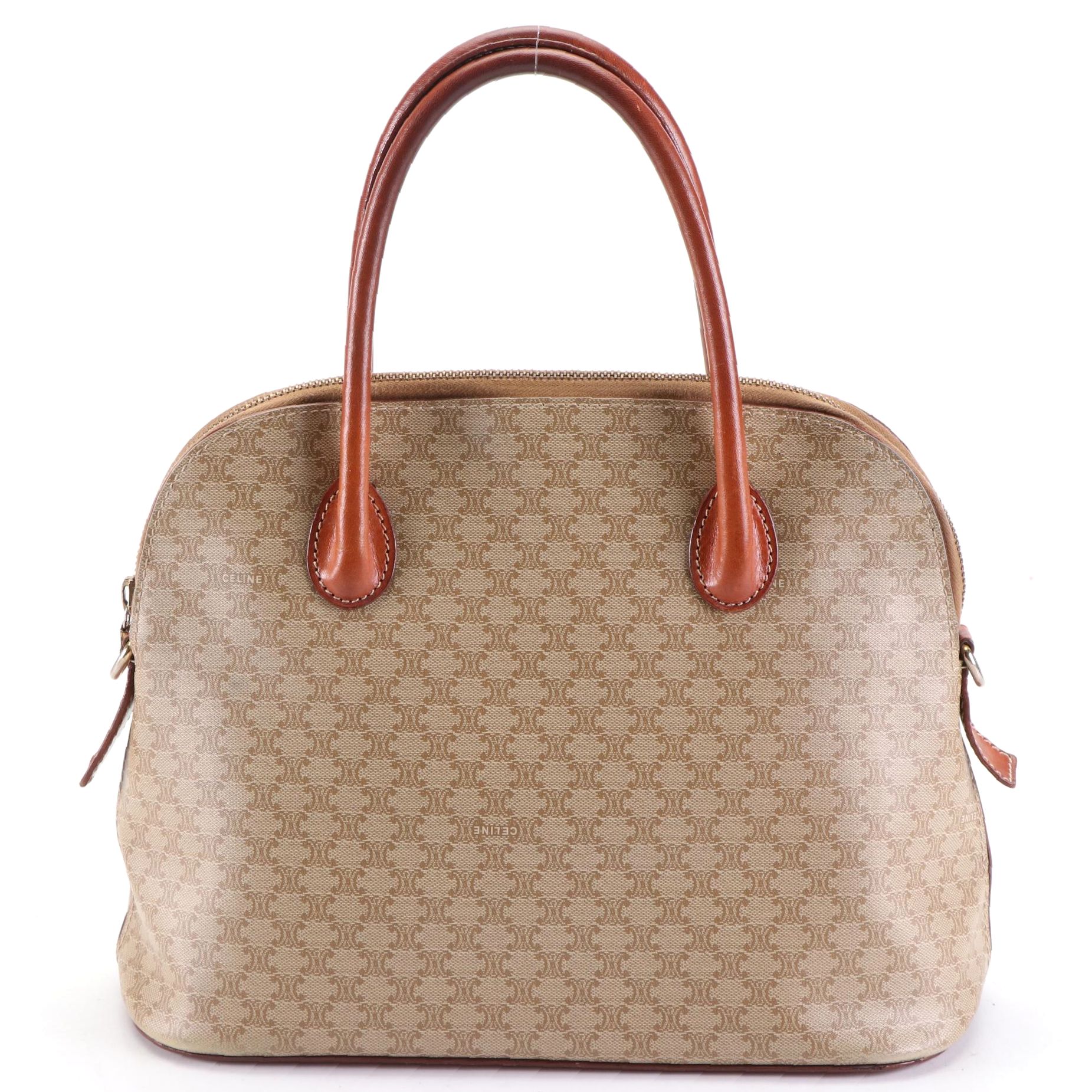 Céline Dome Satchel in Macadam Coated Canvas and Leather Trim