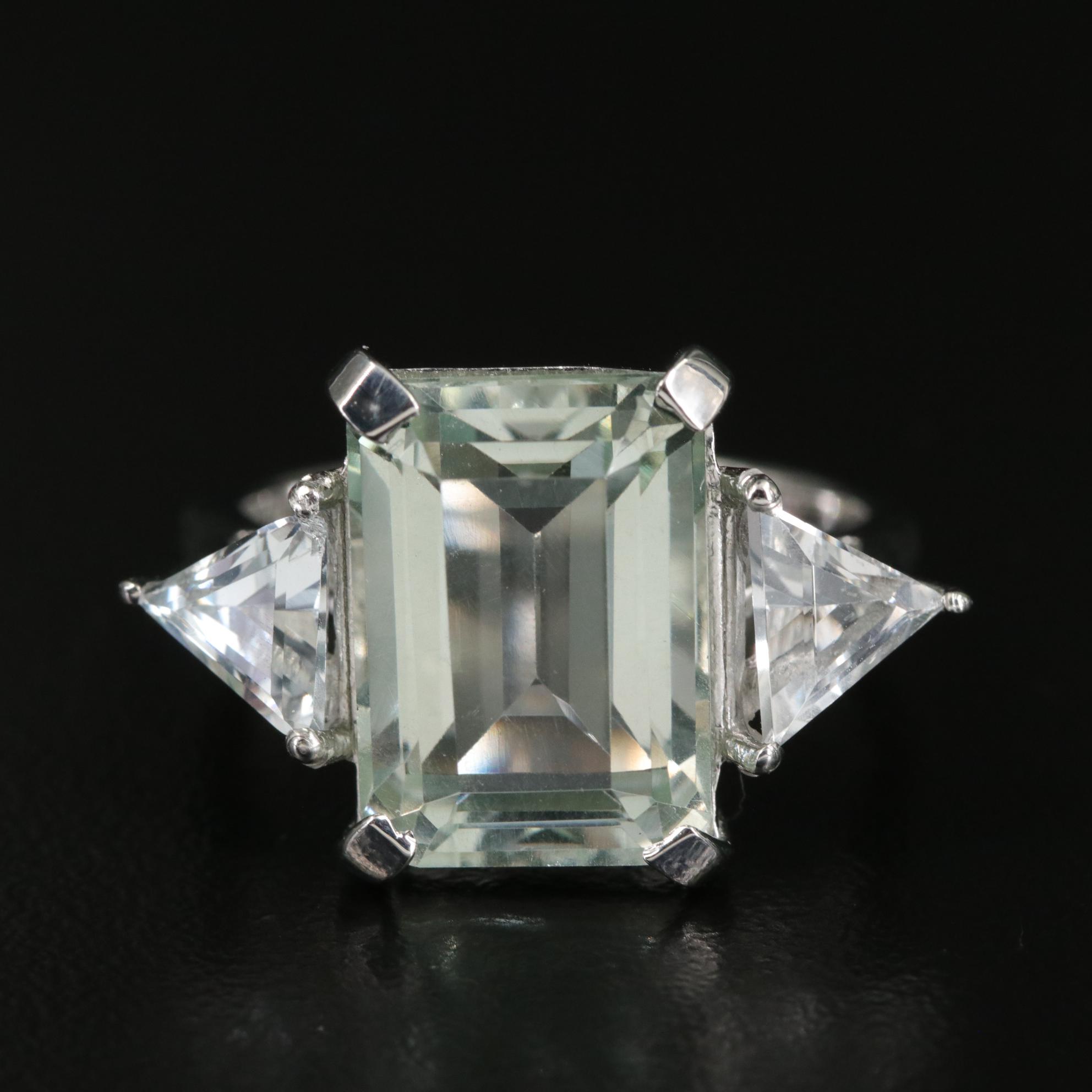 Sterling Prasiolite and White Topaz Rectangular Faceted Ring