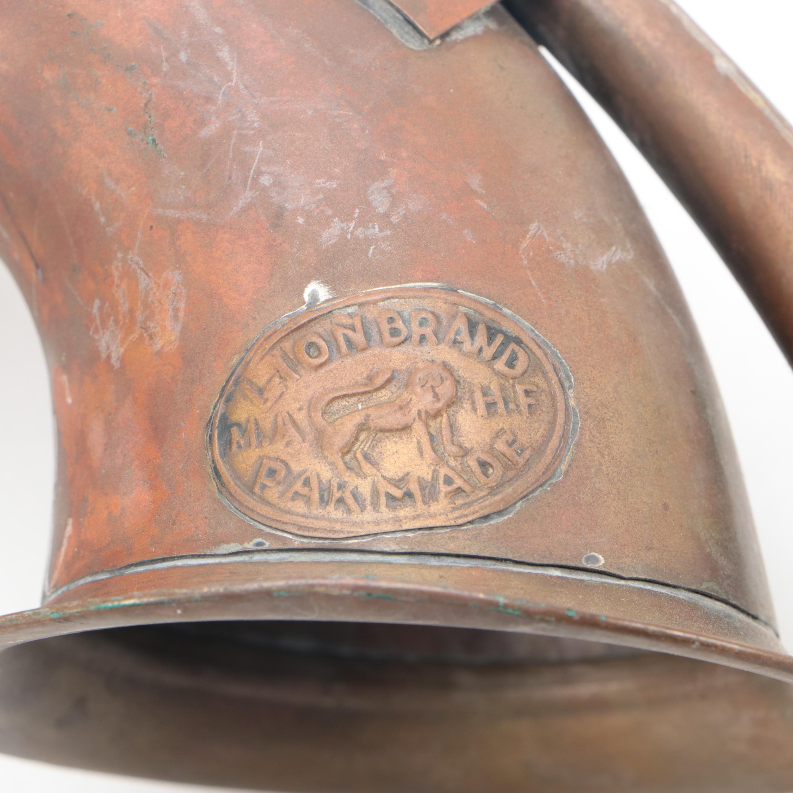 Lion Brand Copper and More Brass Squeeze Bulb Car Horns, Early/ Mid-20th C