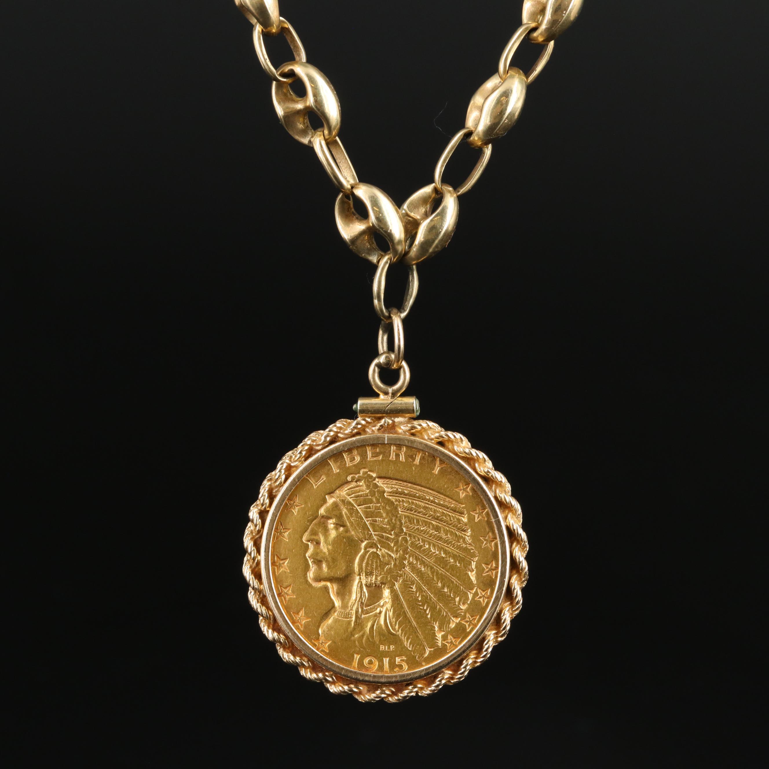 14K Necklace with 1915-S Indian $5 Gold Coin