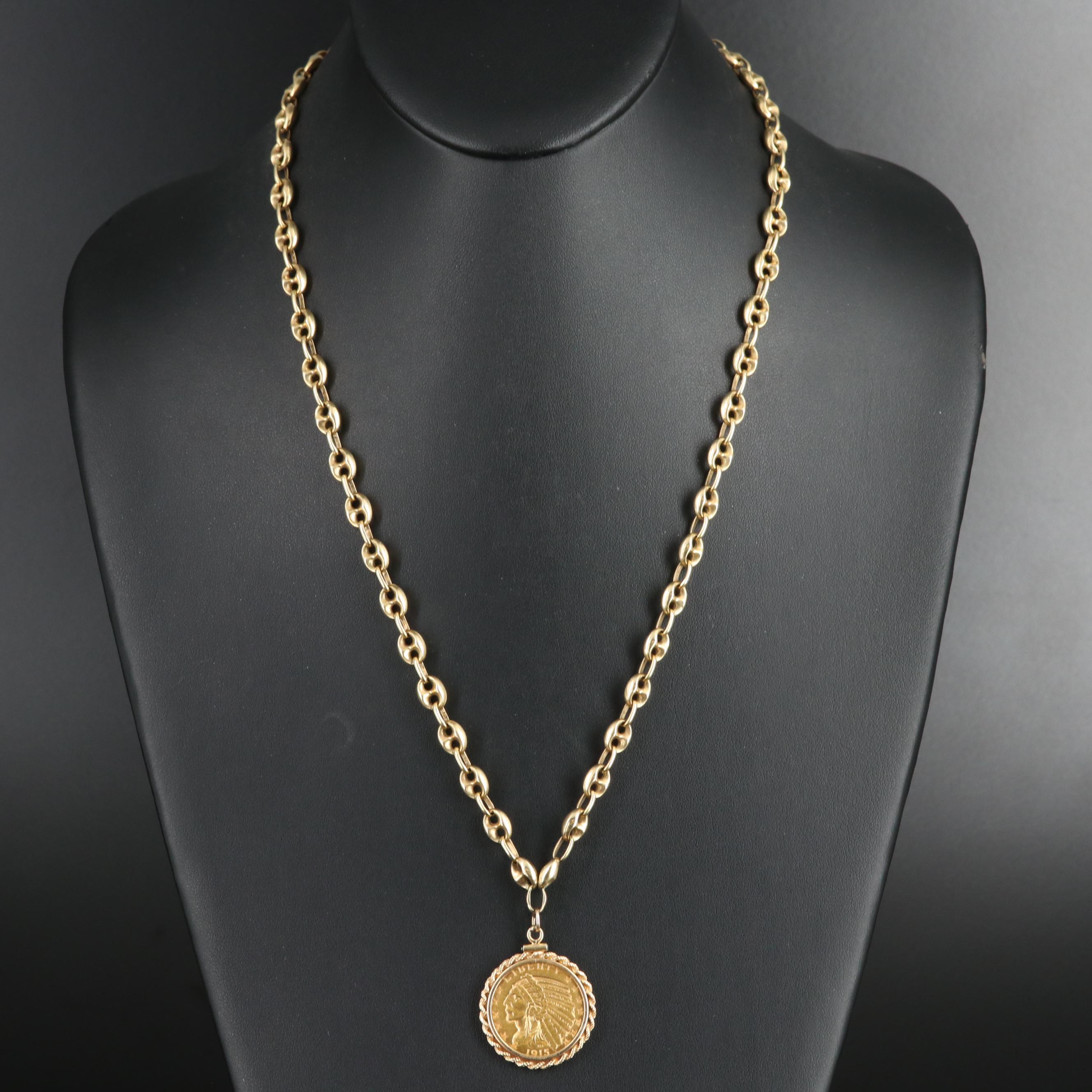 14K Necklace with 1915-S Indian $5 Gold Coin