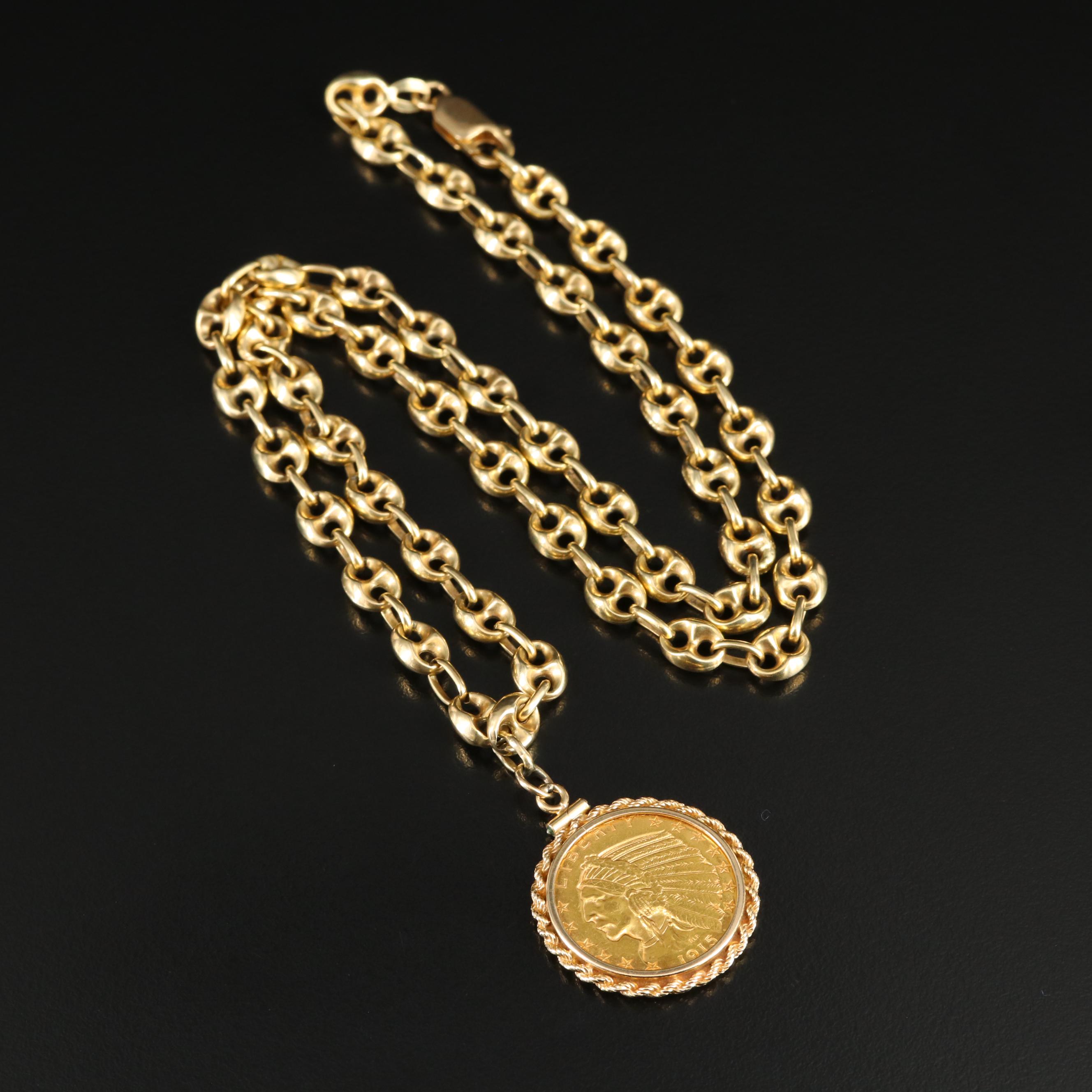 14K Necklace with 1915-S Indian $5 Gold Coin