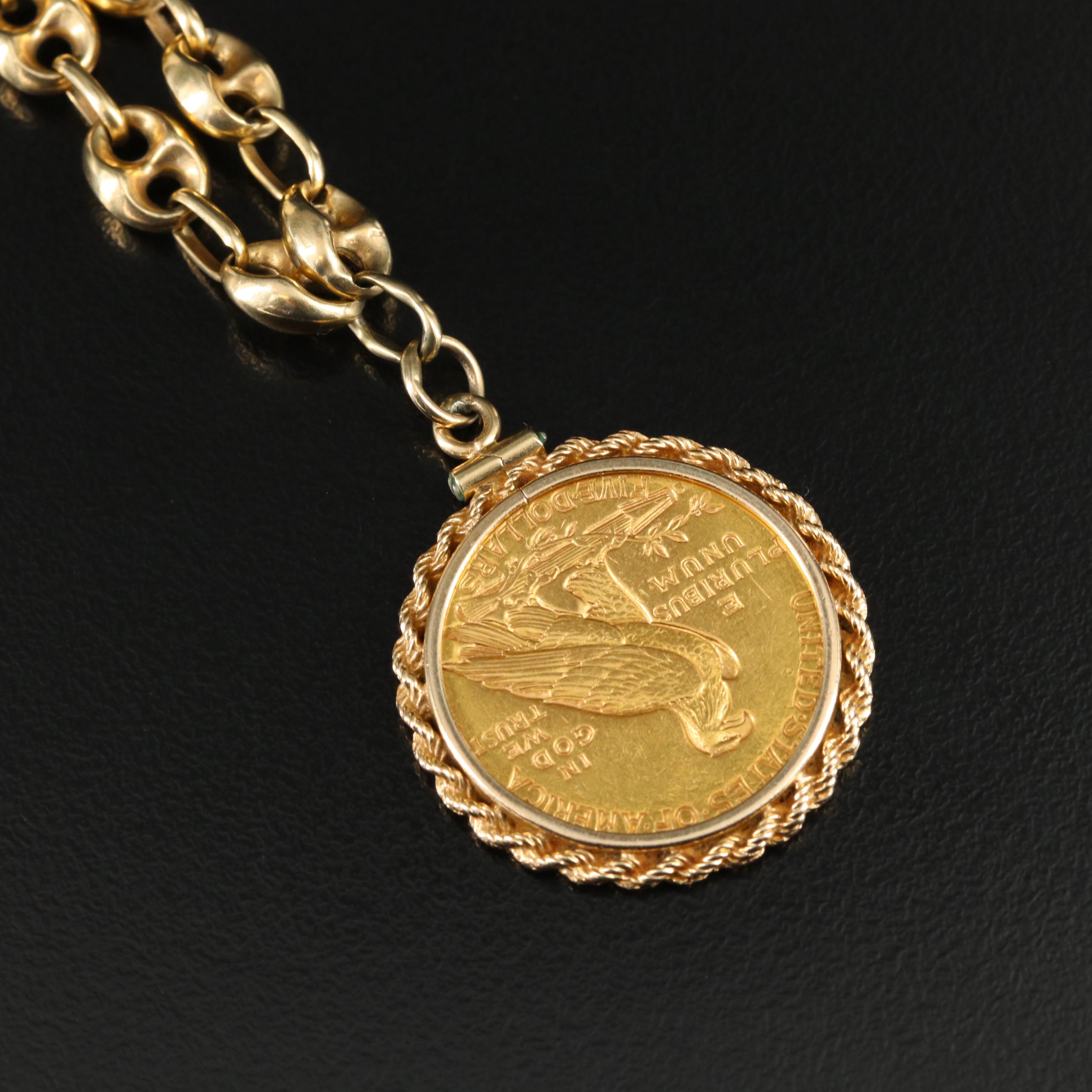14K Necklace with 1915-S Indian $5 Gold Coin