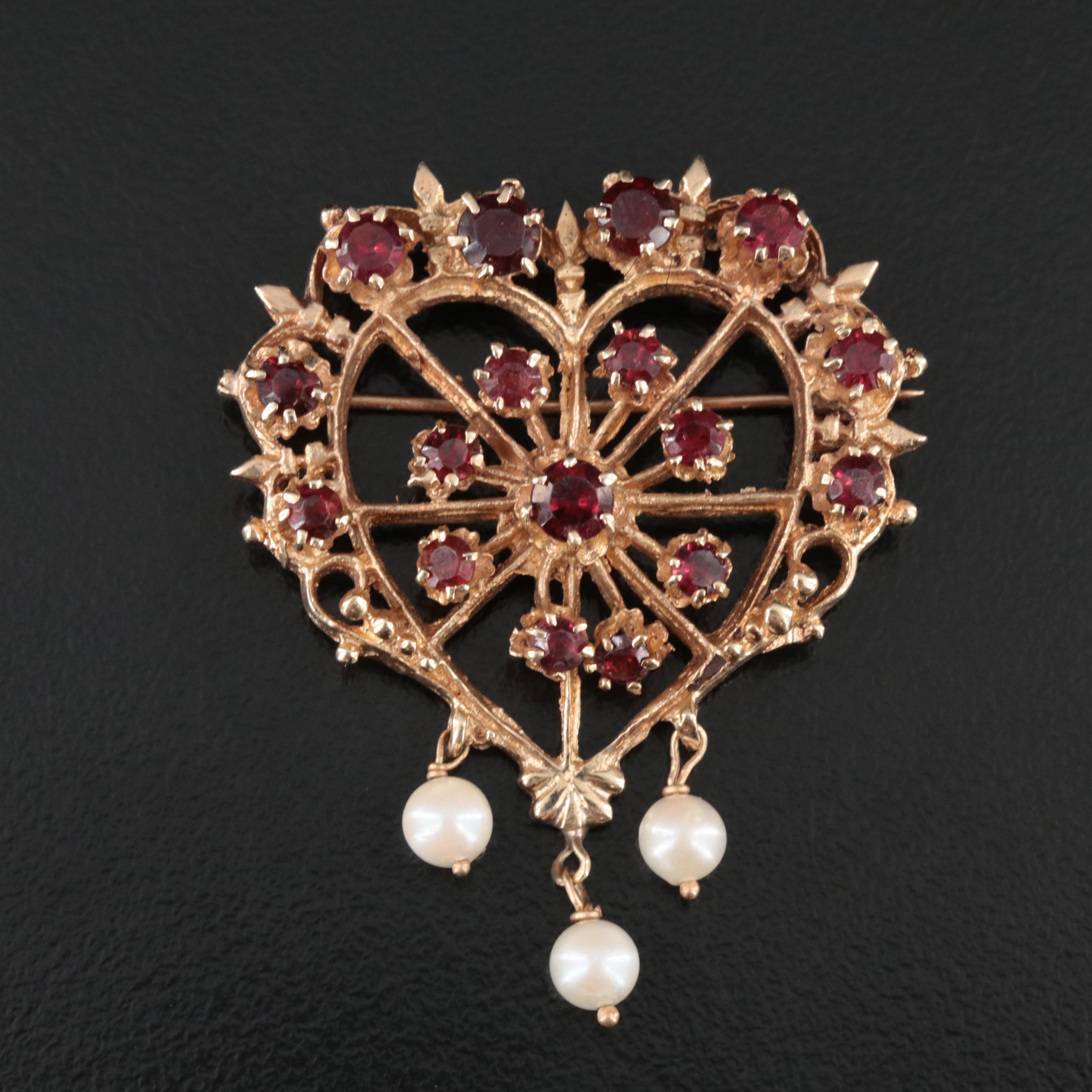 14K Garnet and Pearl Heart Converter Brooch