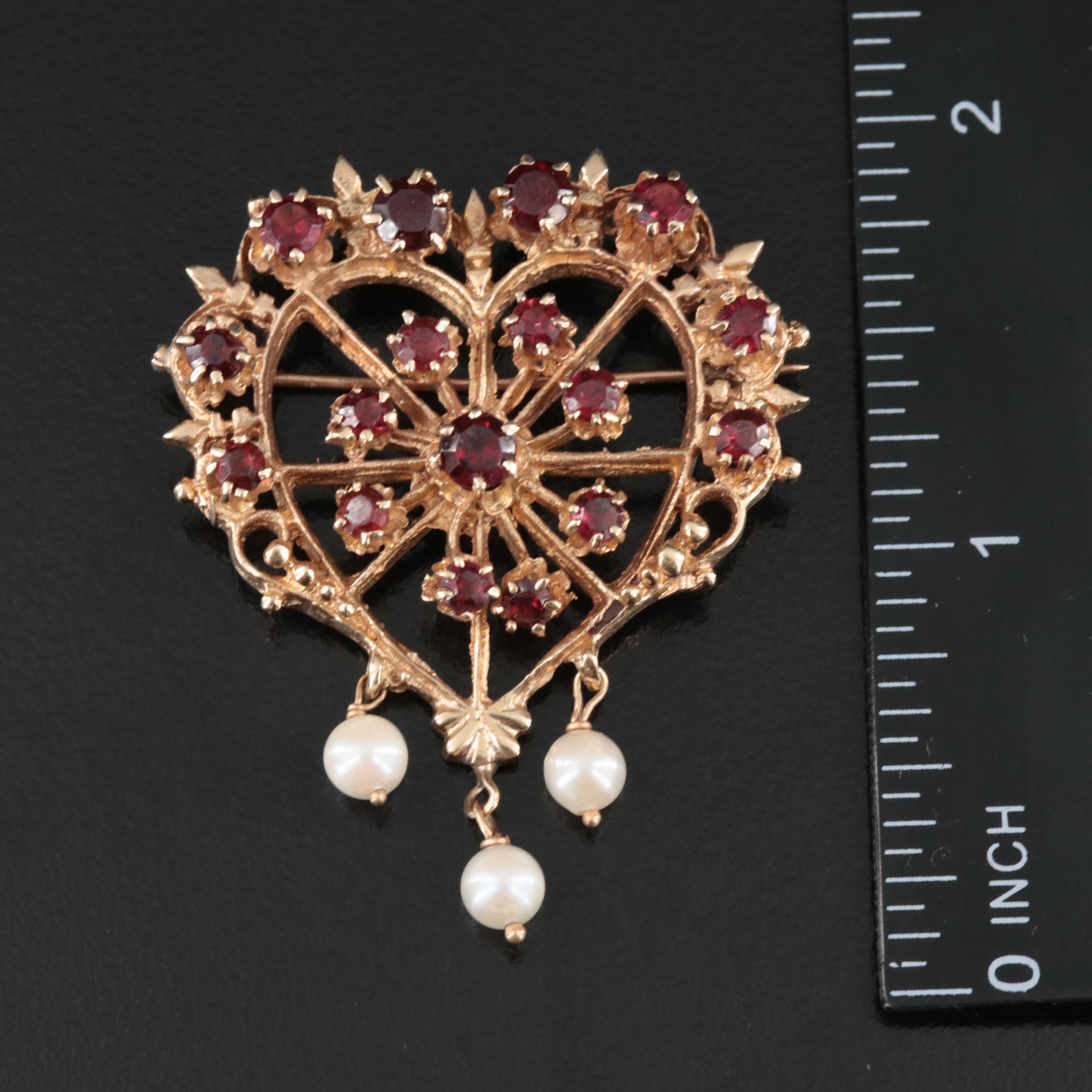 14K Garnet and Pearl Heart Converter Brooch