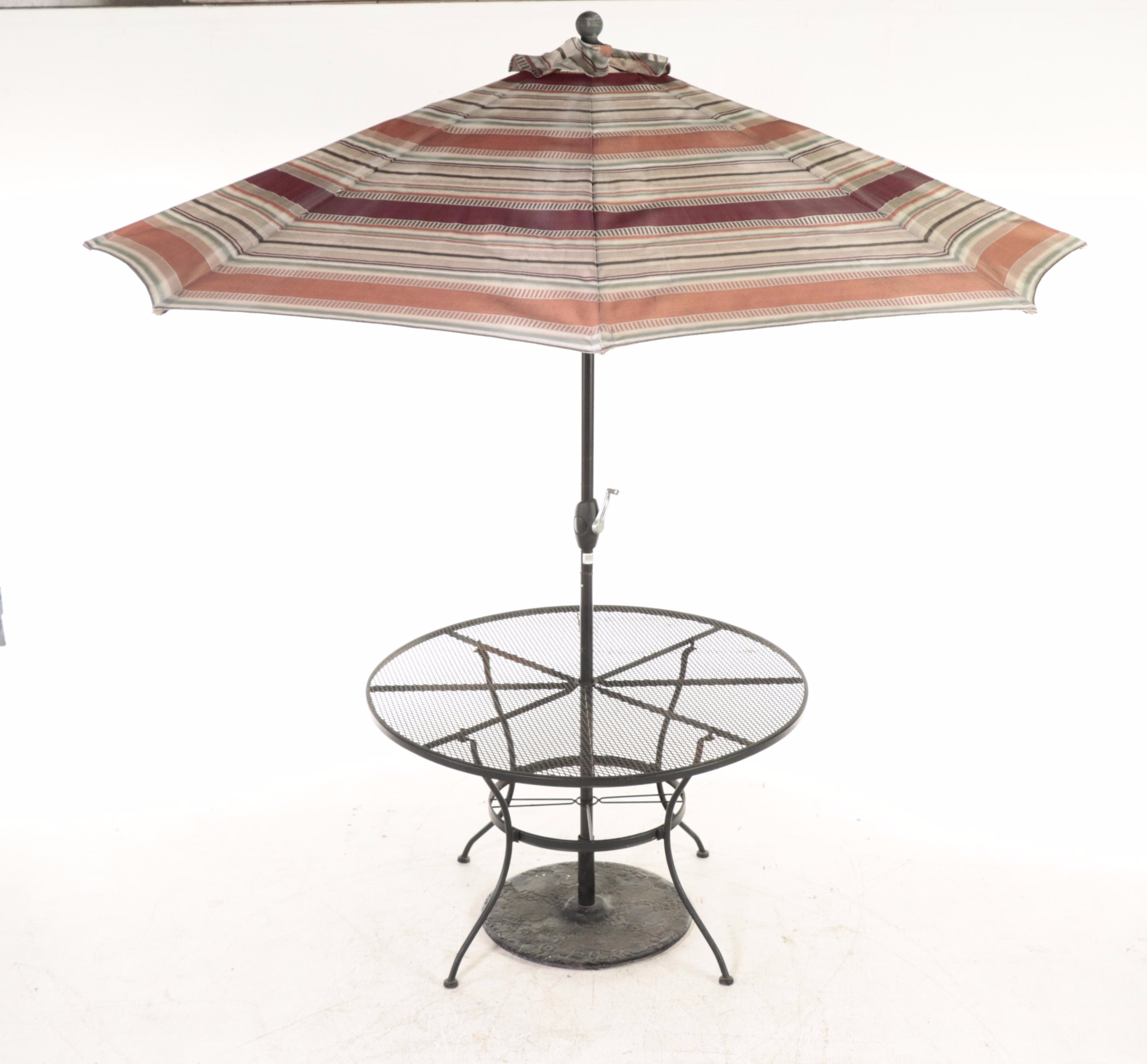 Black-Painted Metal Mesh Patio Table and Four Armchairs with Umbrella and Stand