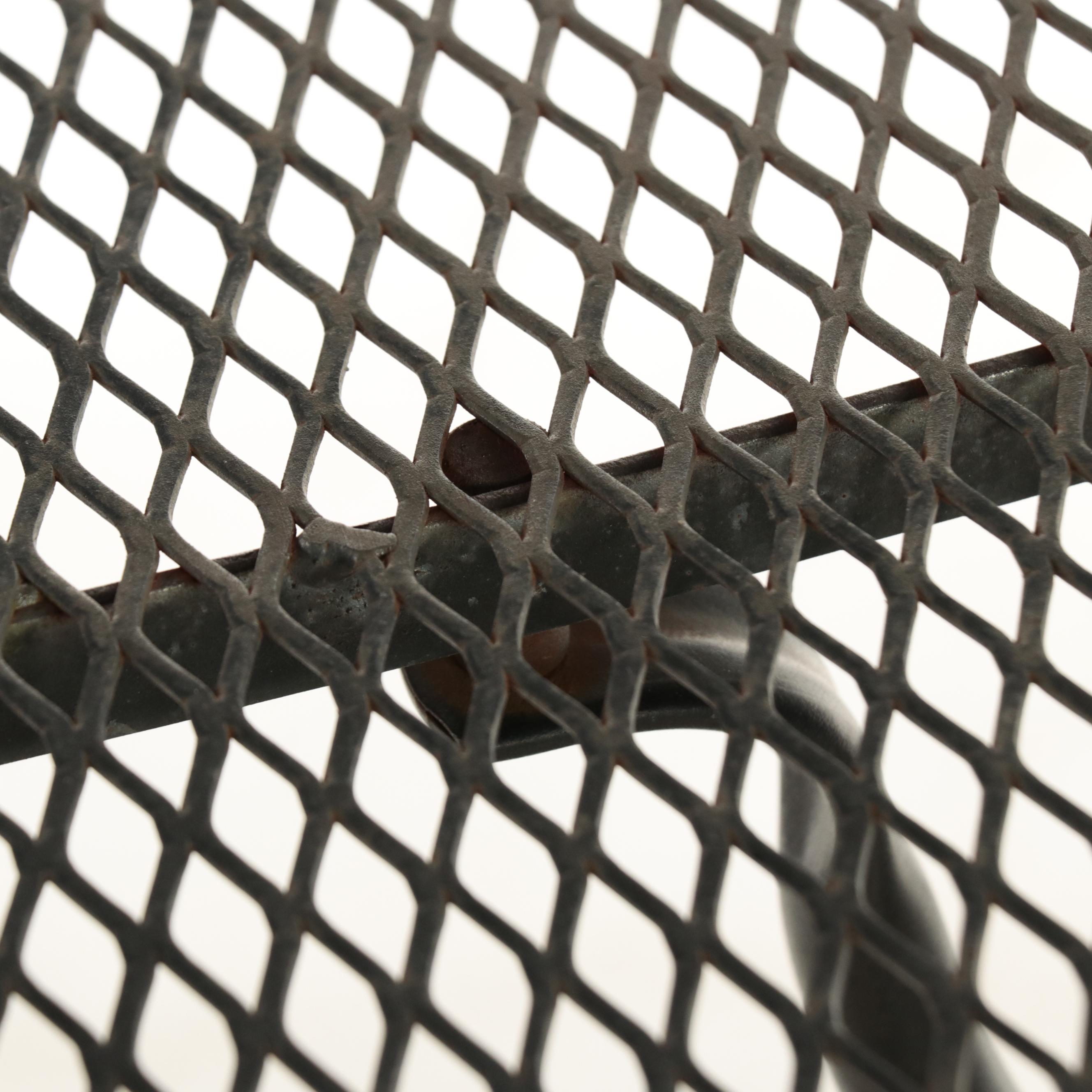 Black-Painted Metal Mesh Patio Table and Four Armchairs with Umbrella and Stand