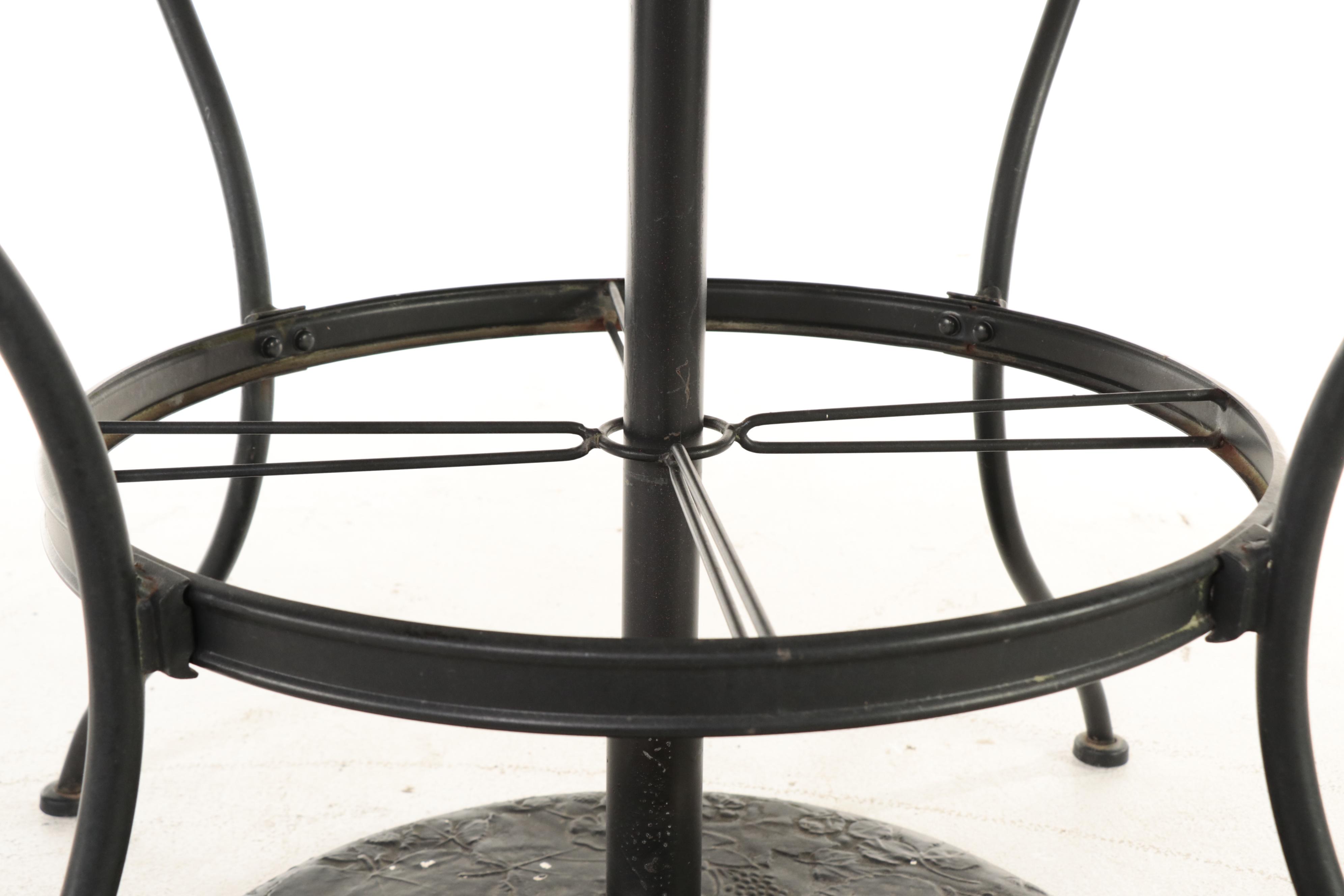 Black-Painted Metal Mesh Patio Table and Four Armchairs with Umbrella and Stand